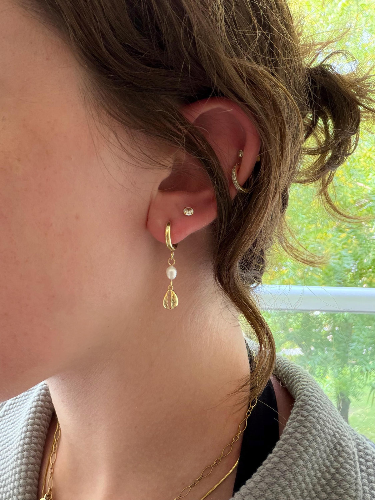 Cowrie Pearl Huggies | Gold Cowrie Shell & Pearl Earrings | Stainless Steel Hoop Earrings | Coastal Jewelry | Beach Earrings | Dainty |