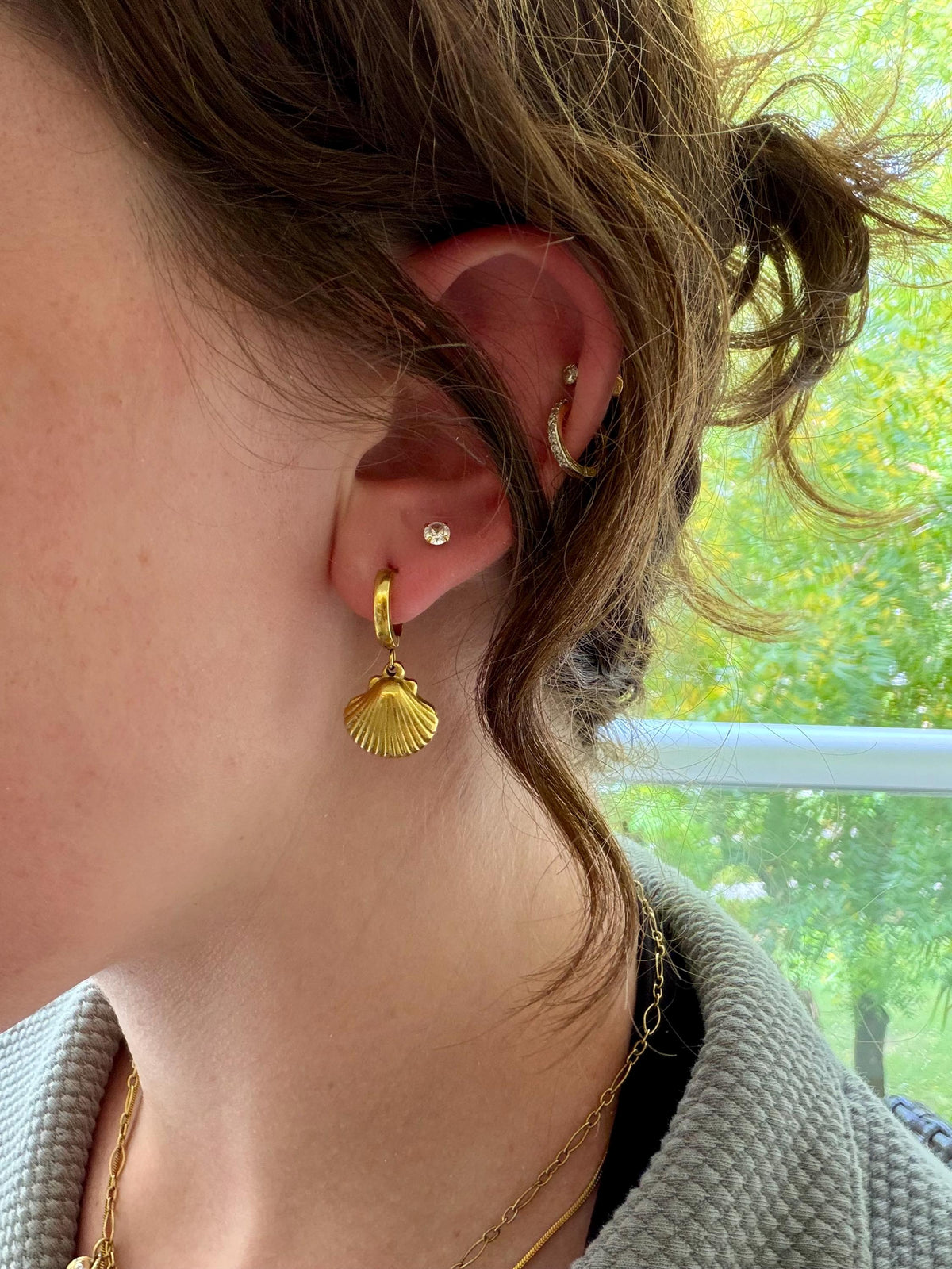 Golden Shell Huggies | Gold Shell Hoop Earring | Stainless Steel | Beach Jewelry | Coastal Earring | Minimalist Gold Earring | Scallop Shell