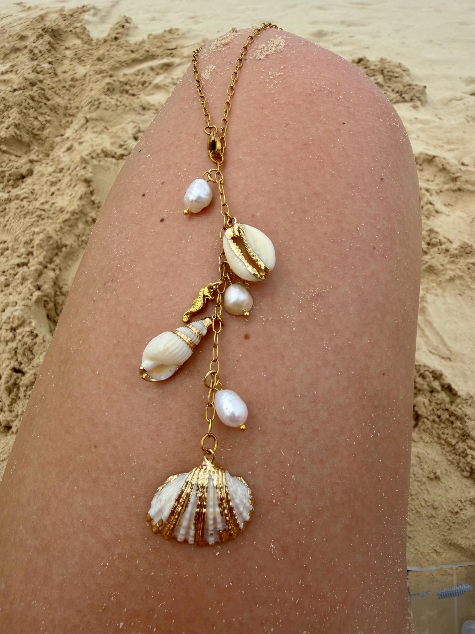 Seashell Cascade Necklace | Gold Shell Charm Necklace | Coastal Statement Necklace | Beach Jewelry | Ocean Inspired Jewelry | Pearl & Shell