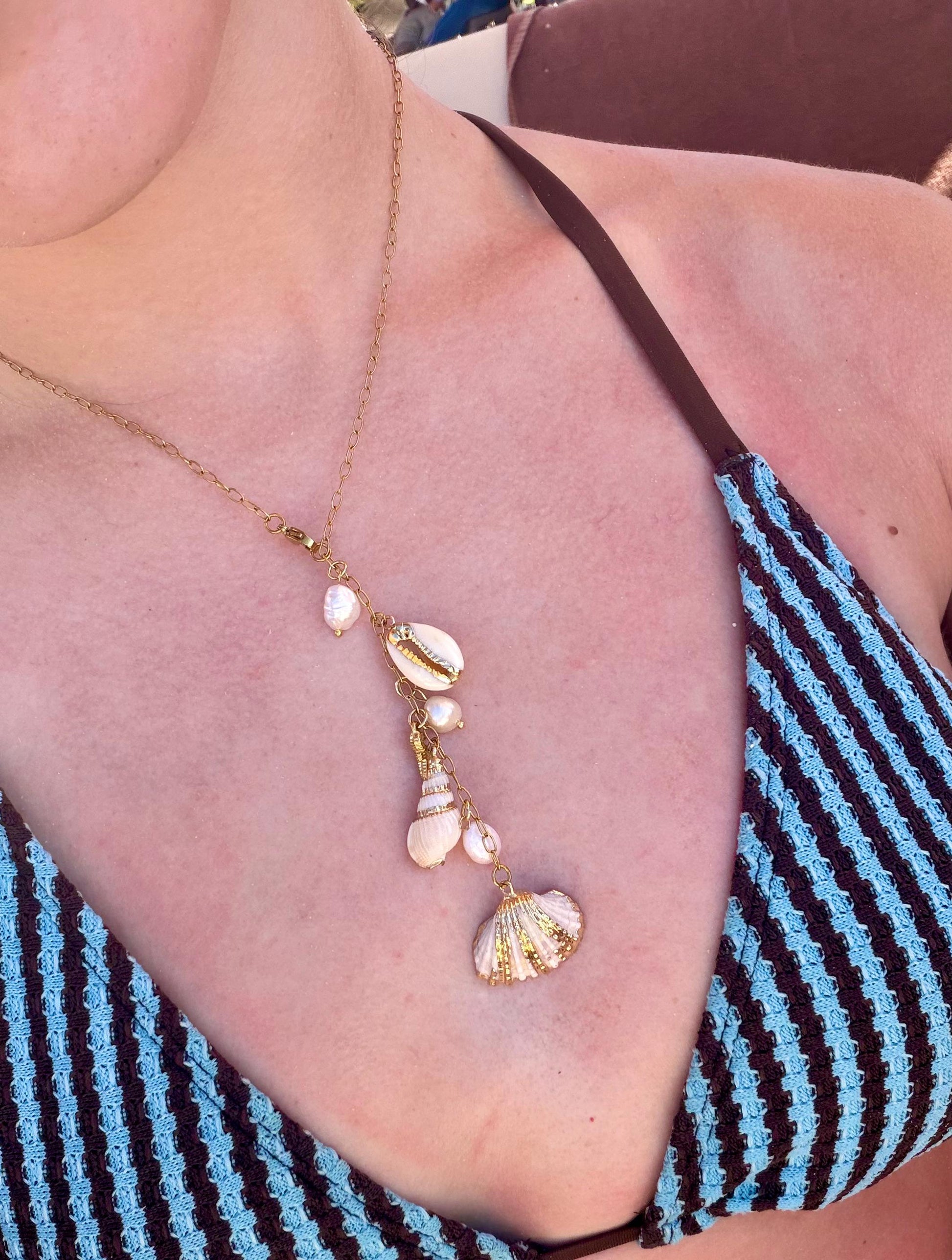 Seashell Cascade Necklace | Gold Shell Charm Necklace | Coastal Statement Necklace | Beach Jewelry | Ocean Inspired Jewelry | Pearl & Shell