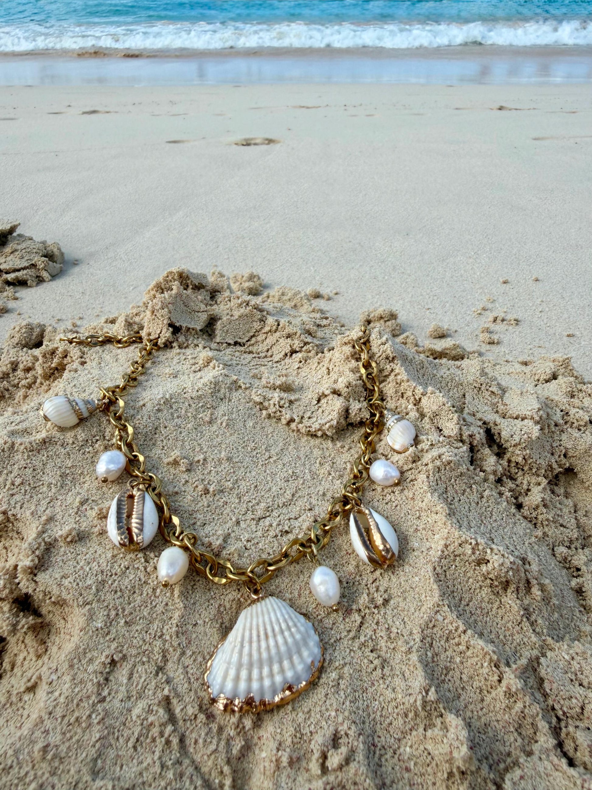 Coastal Pearl Charm Necklace | Shell Charm Necklace Gold | Stainless Steel Chain | Beach Jewelry | Statement Necklace| Cowrie Shell Necklace