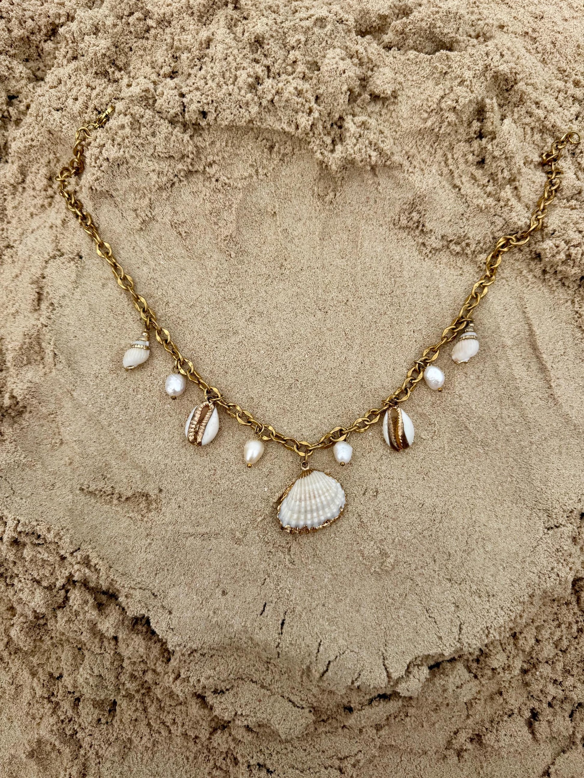 Coastal Pearl Charm Necklace | Shell Charm Necklace Gold | Stainless Steel Chain | Beach Jewelry | Statement Necklace| Cowrie Shell Necklace