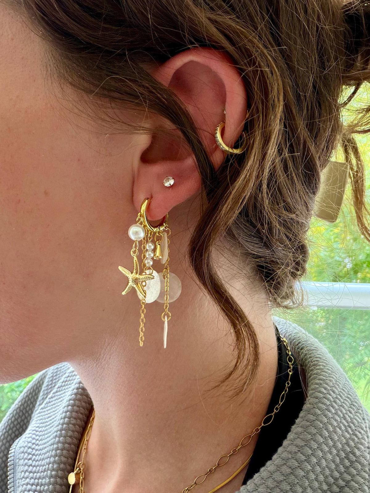 Tidepool Treasure Huggies | Gold Starfish Shell Earrings | 18K Gold Plated Huggie Hoops | Coastal Charm Earrings | Beach Jewelry |