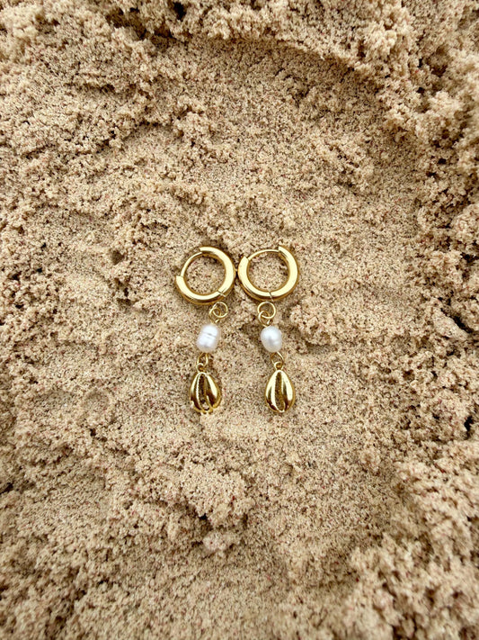 Cowrie Pearl Huggies | Gold Cowrie Shell & Pearl Earrings | Stainless Steel Hoop Earrings | Coastal Jewelry | Beach Earrings | Dainty |