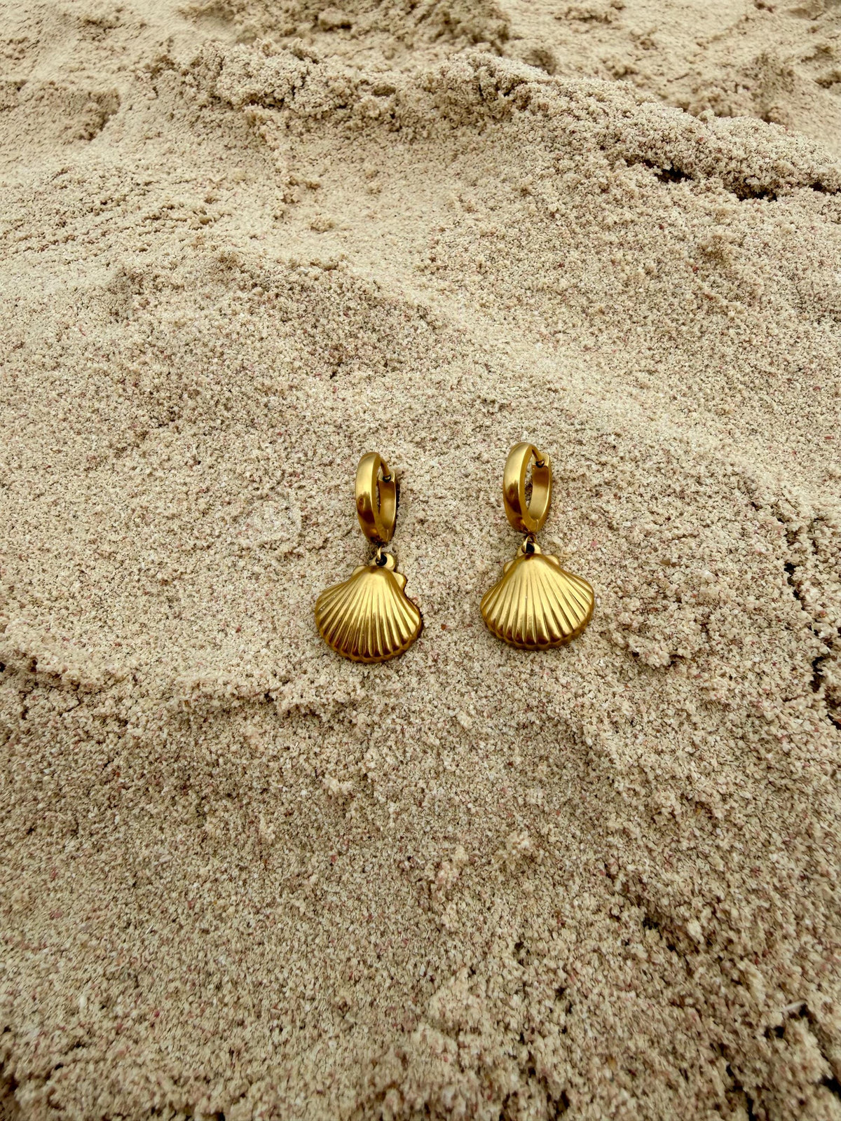 Golden Shell Huggies | Gold Shell Hoop Earring | Stainless Steel | Beach Jewelry | Coastal Earring | Minimalist Gold Earring | Scallop Shell