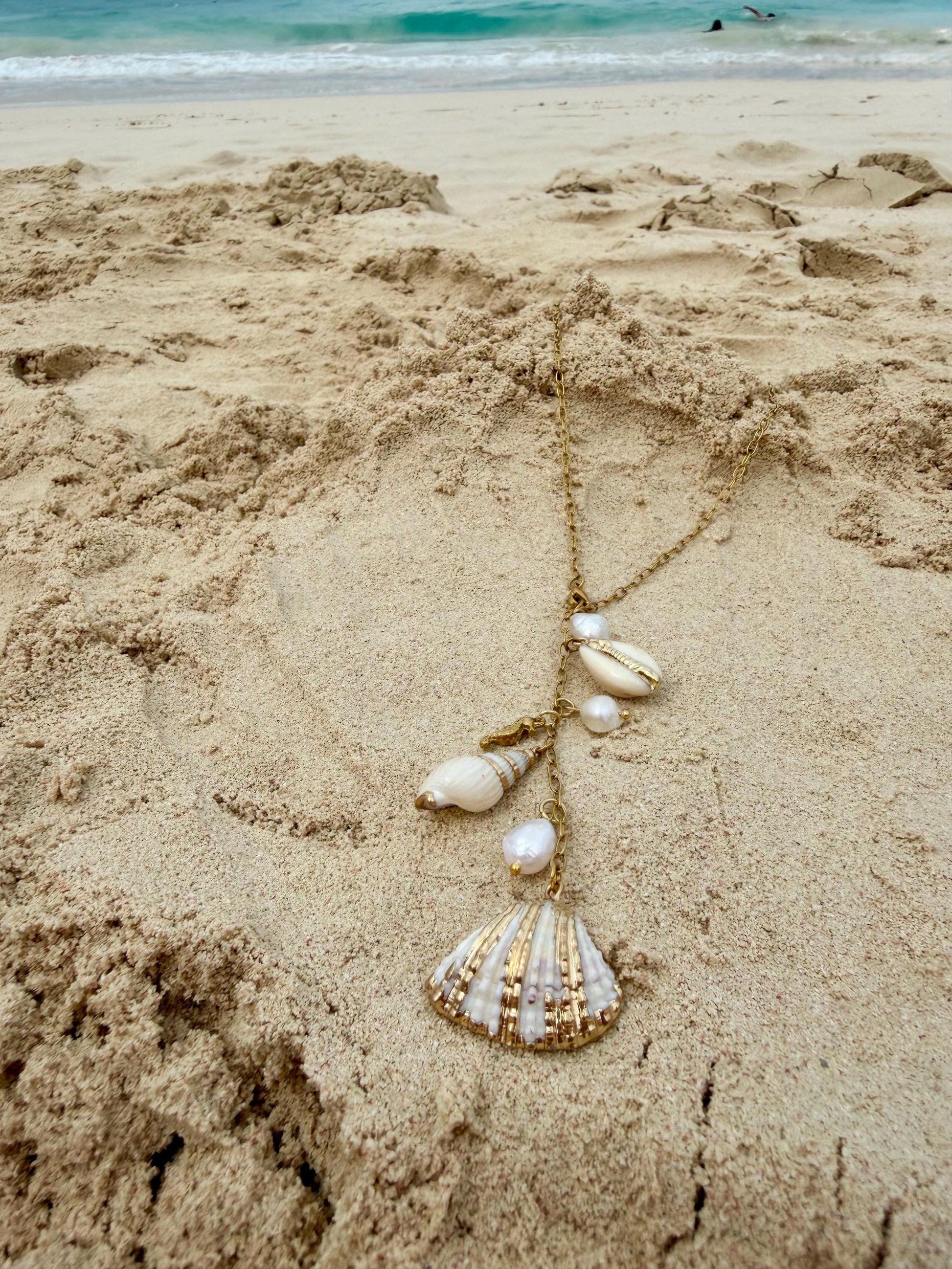 Seashell Cascade Necklace | Gold Shell Charm Necklace | Coastal Statement Necklace | Beach Jewelry | Ocean Inspired Jewelry | Pearl & Shell