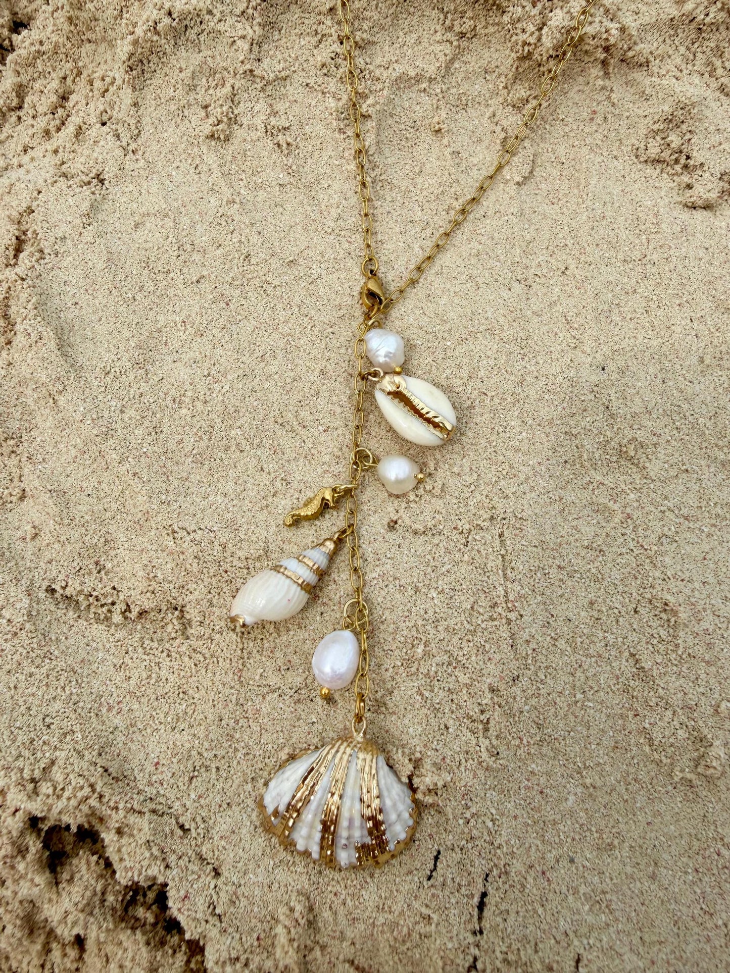 Seashell Cascade Necklace | Gold Shell Charm Necklace | Coastal Statement Necklace | Beach Jewelry | Ocean Inspired Jewelry | Pearl & Shell
