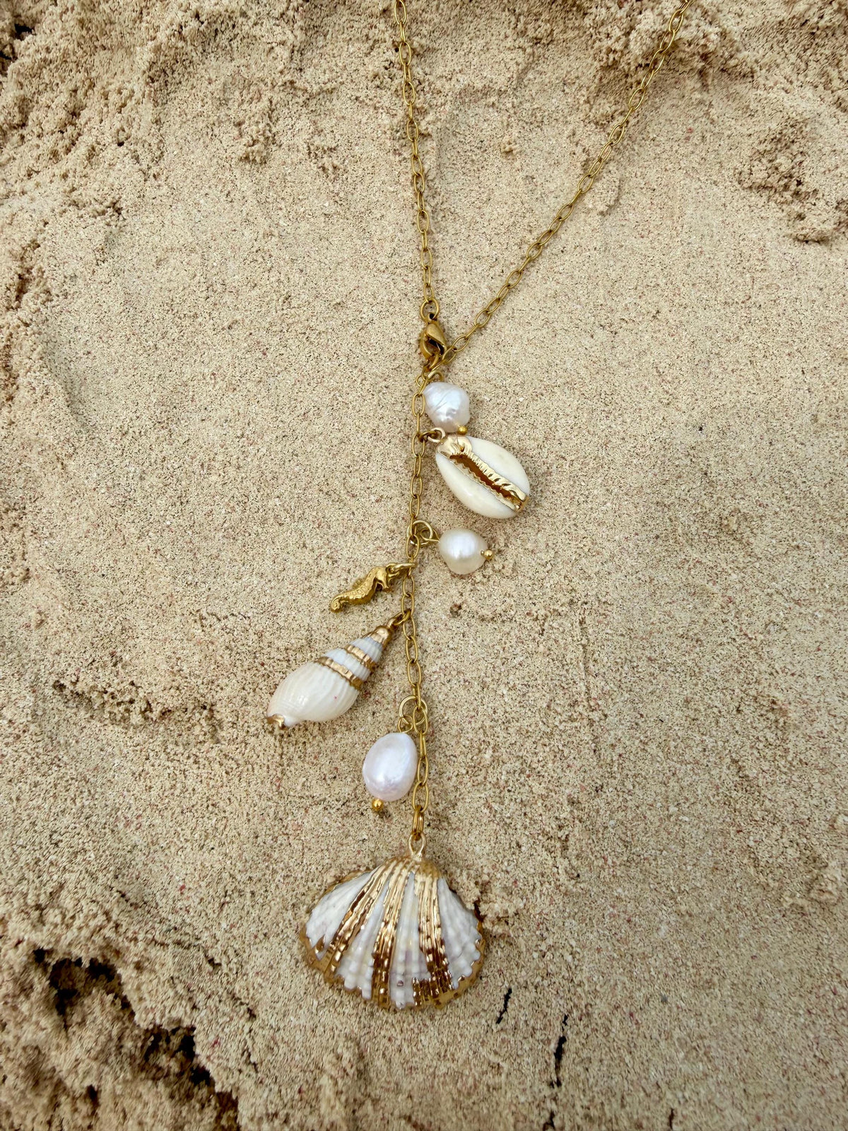 Seashell Cascade Necklace | Gold Shell Charm Necklace | Coastal Statement Necklace | Beach Jewelry | Ocean Inspired Jewelry | Pearl & Shell