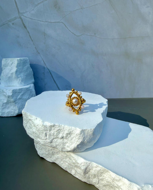 Evil Eye Pearl Ring | Adjustable Gold Ring