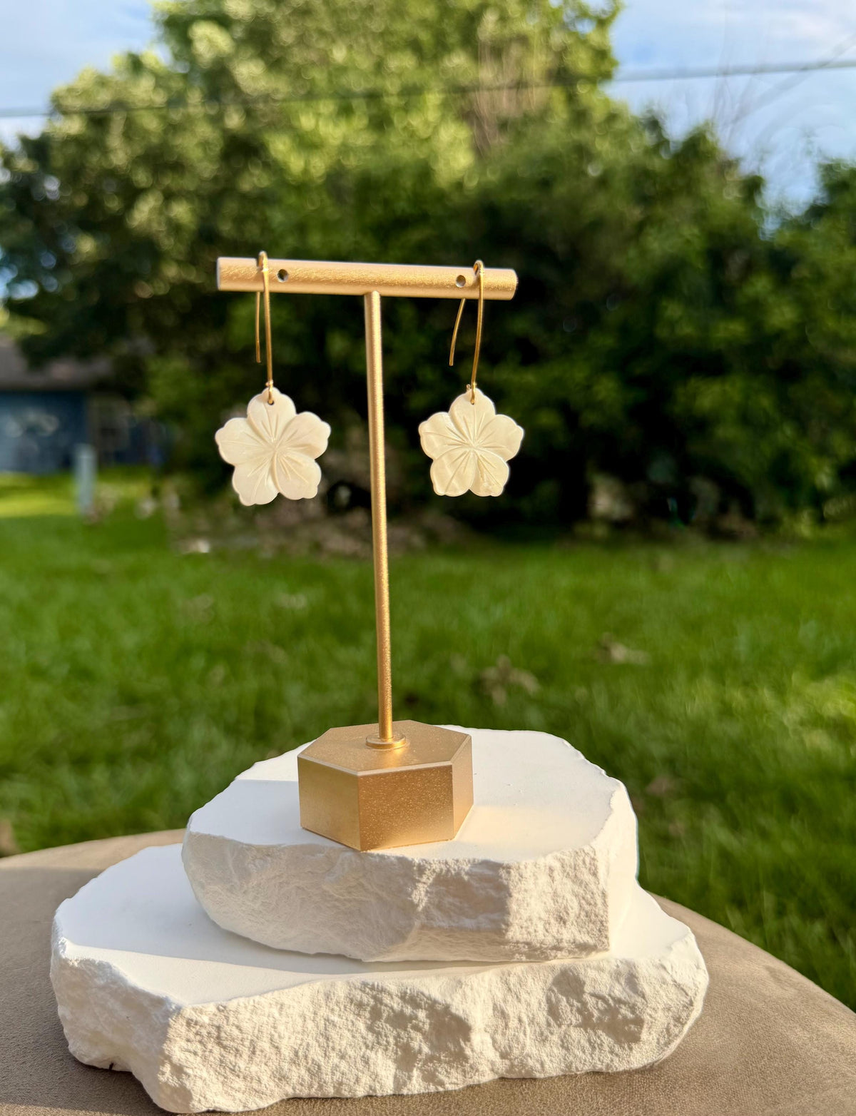 Mother of Pearl Flower Earrings | Carved Shell Charm