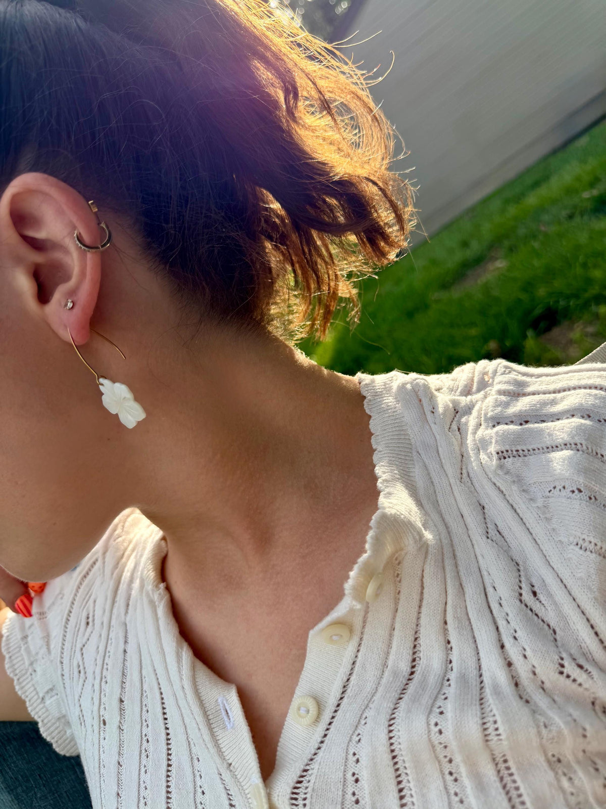 Mother of Pearl Flower Earrings | Carved Shell Charm