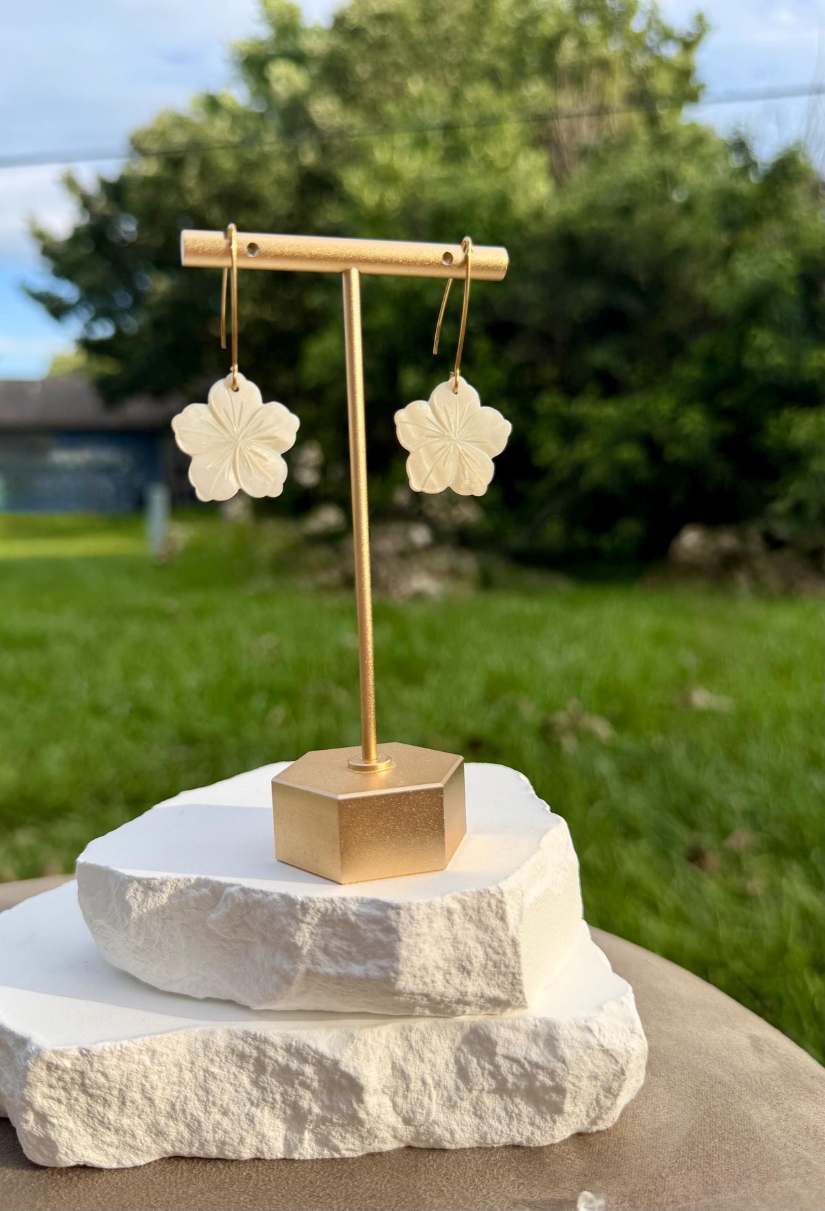 Mother of Pearl Flower Earrings | Carved Shell Charm