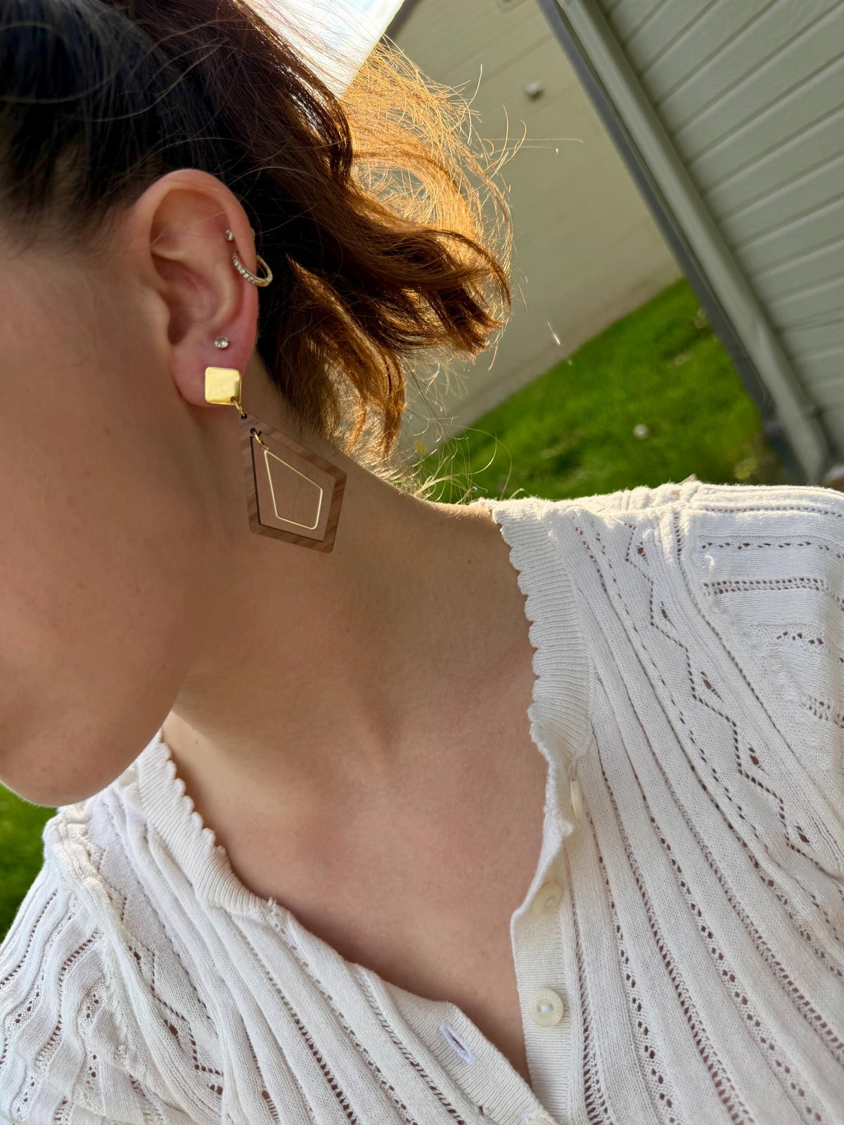 Geometric Wood Drop Earrings | Layered Diamond Cutout