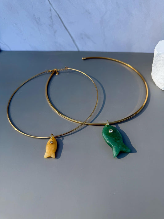 Large Gemstone Fish Charm Necklace | Choker Collar | Interchangeable Charms