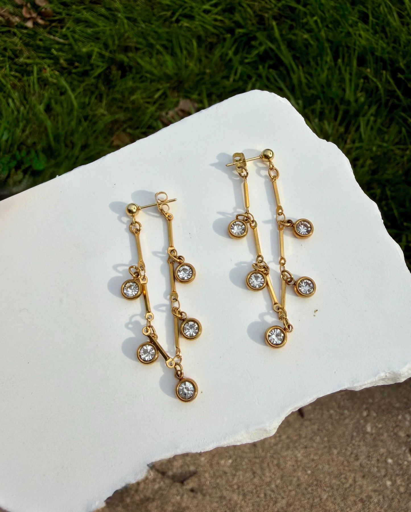 Cascade Crystal Earrings | Stainless Steel Bar & Crystal Drop