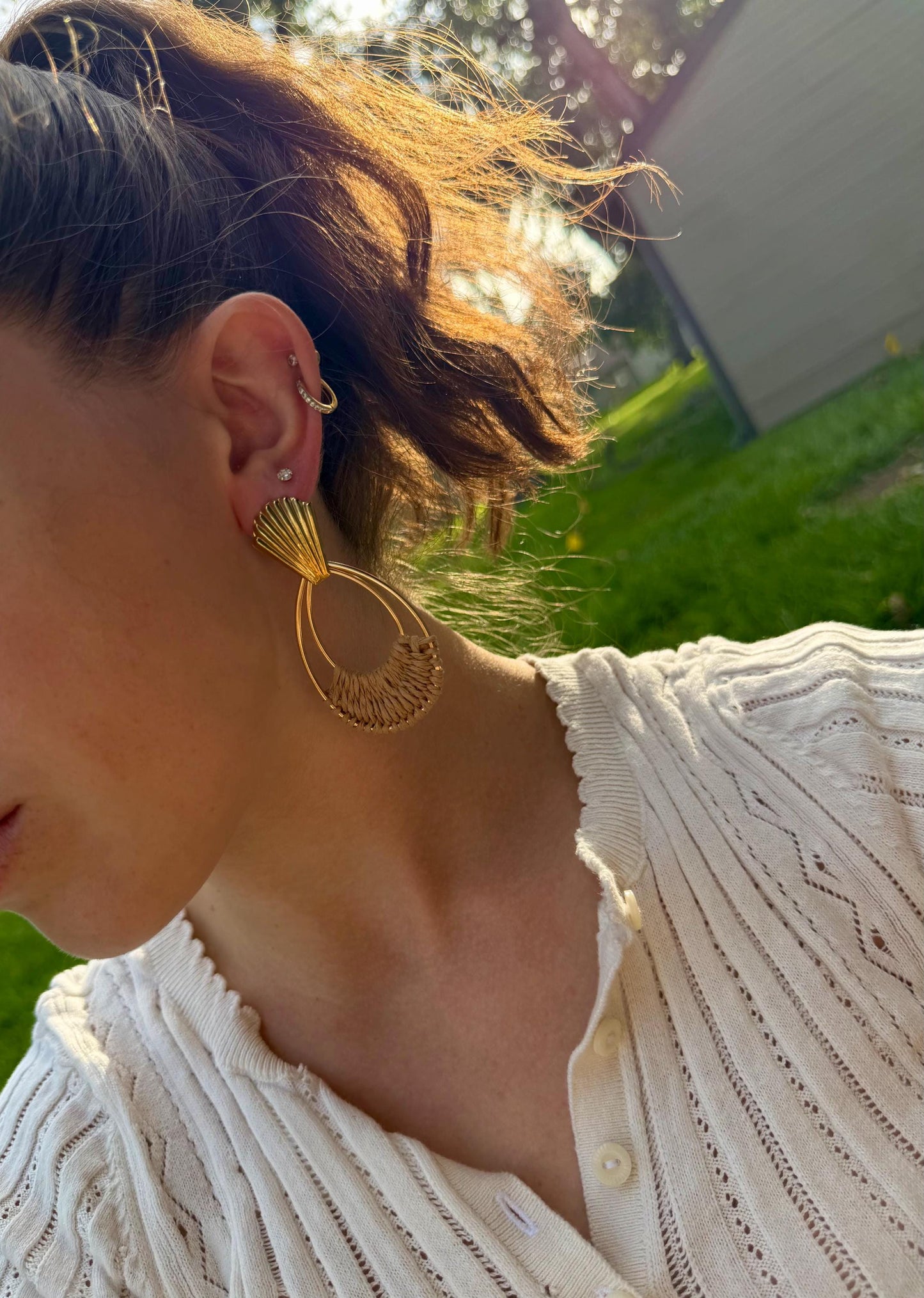 Shell Fan Raffia Earrings | Woven Boho Hoop