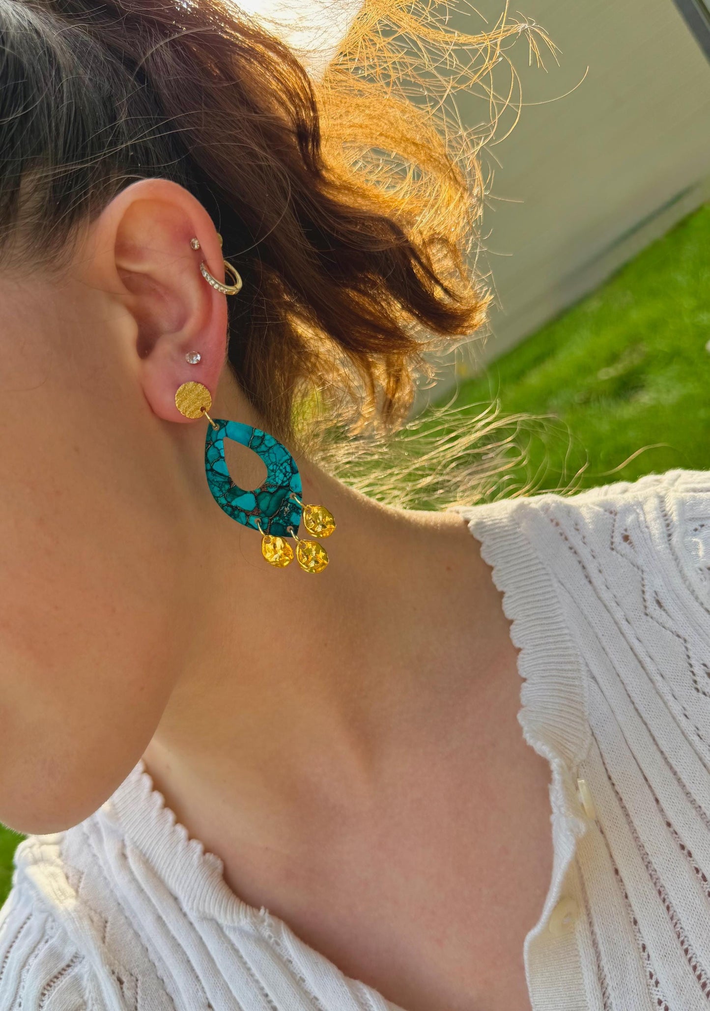 Turquoise Marble Drop Earrings | Gold Coin Dangles