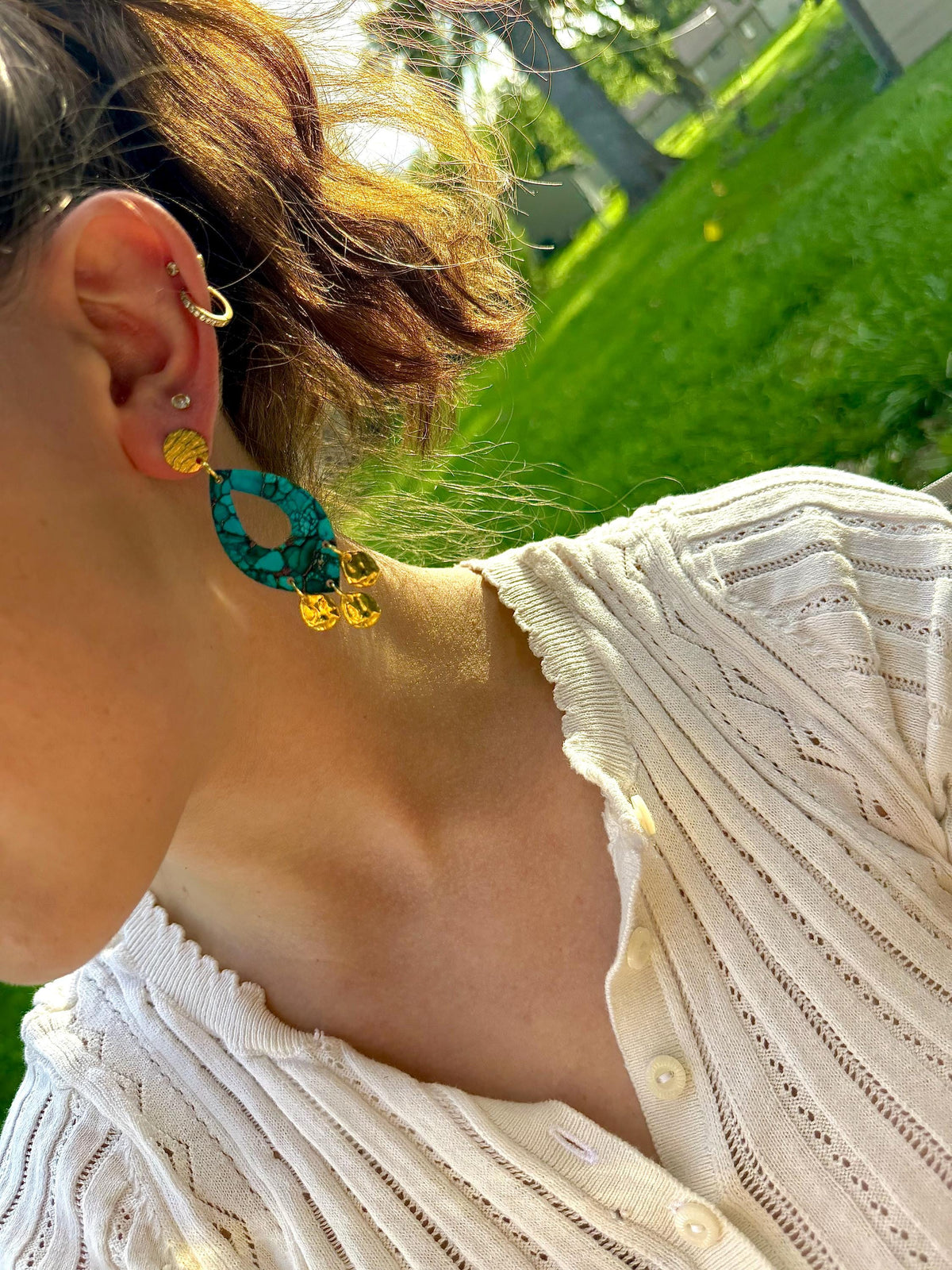 Turquoise Marble Drop Earrings | Gold Coin Dangles