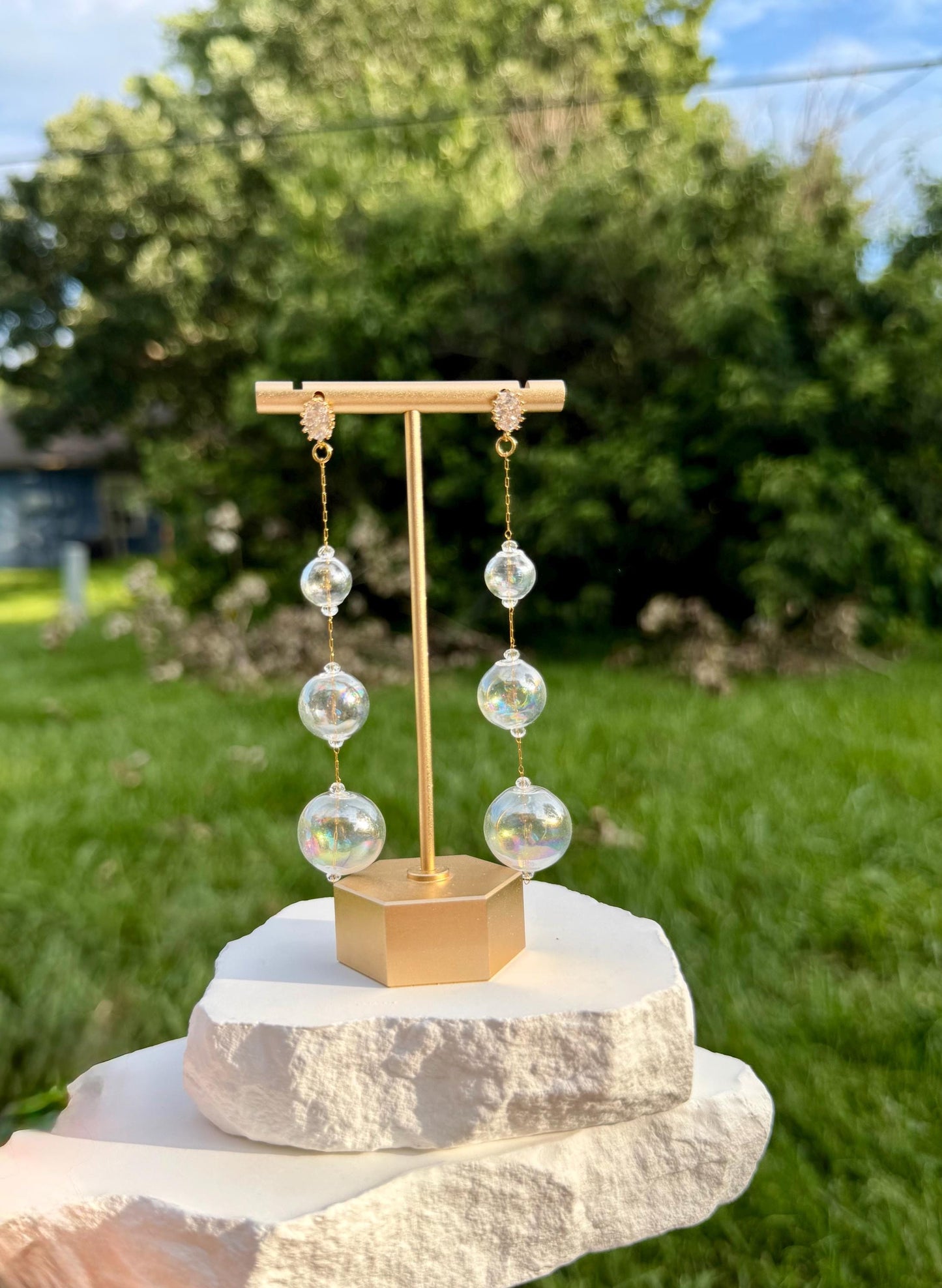 Iridescent Bubble Drop Earrings | 18k Gold Plated with CZ