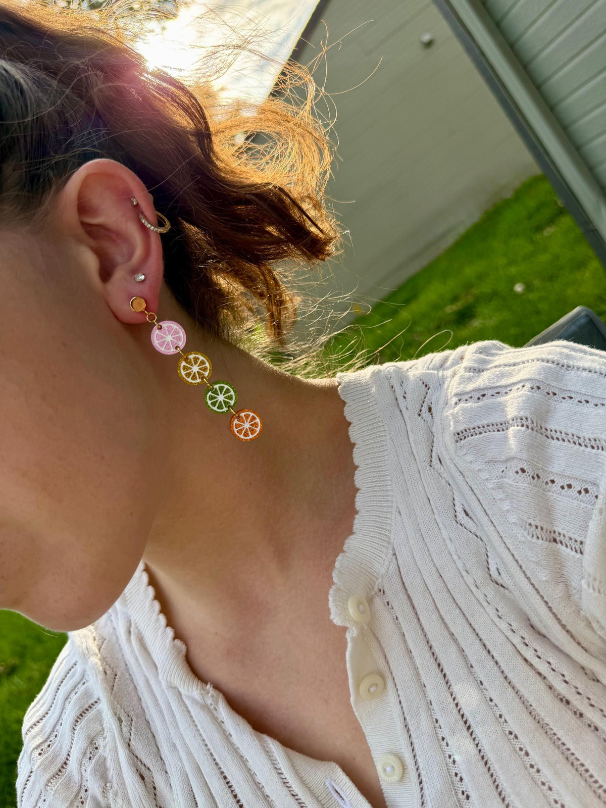 Rainbow Citrus Slice Earrings | Hand Painted Glitter Acrylic