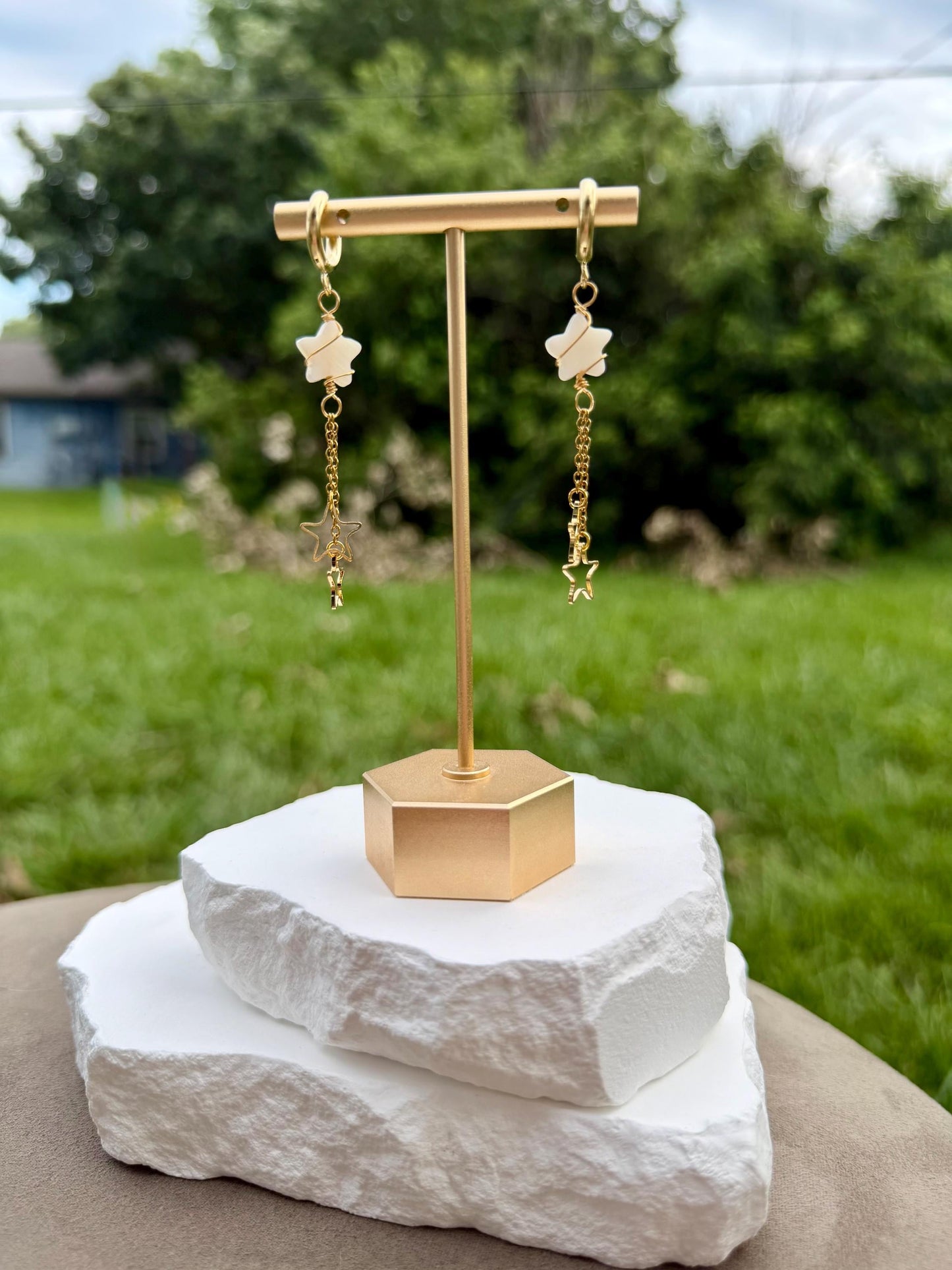 Shell Star Dangle Earrings | Wire Wrapped Shell & Chain
