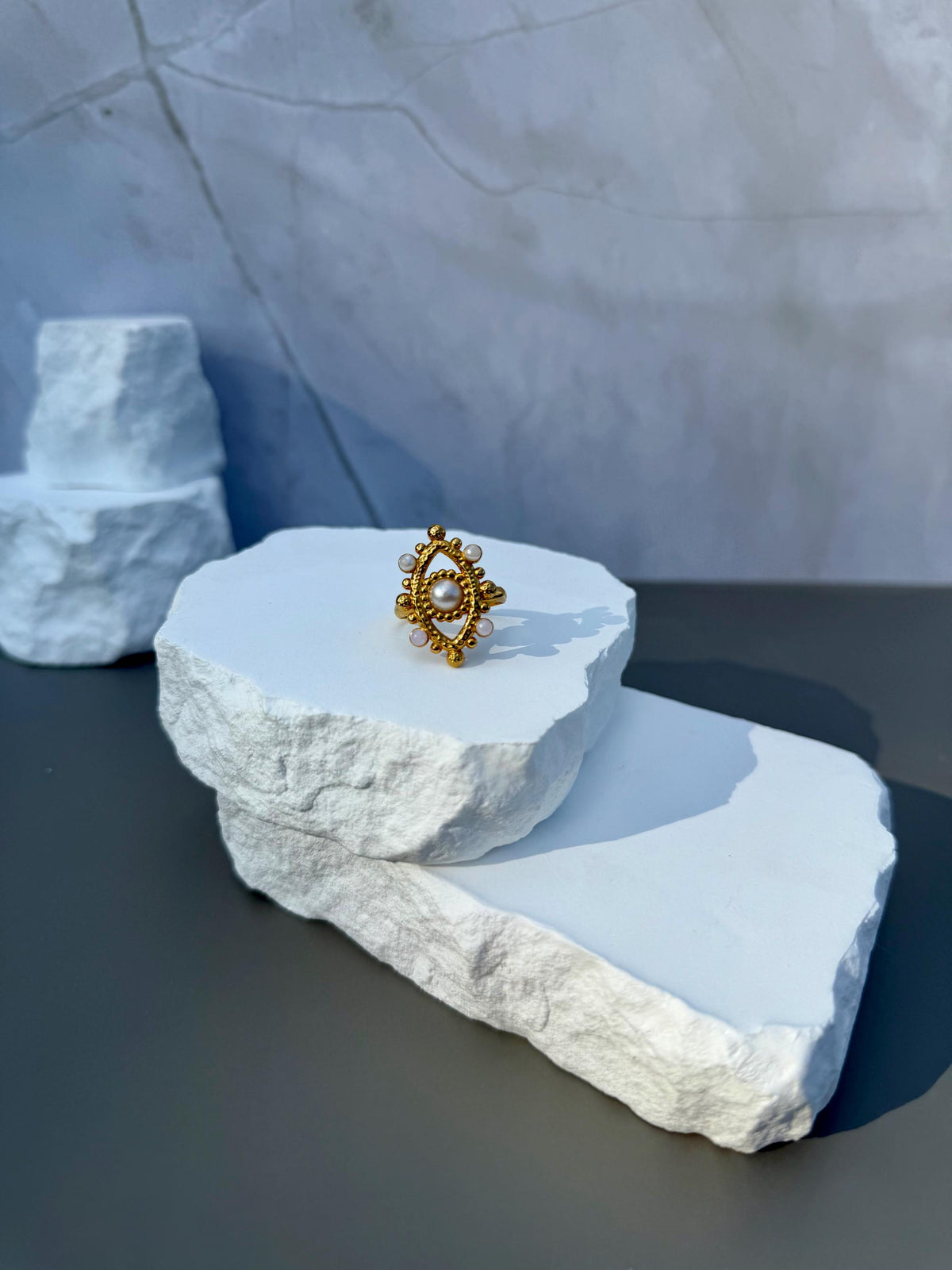 Evil Eye Pearl Ring | Adjustable Gold Ring
