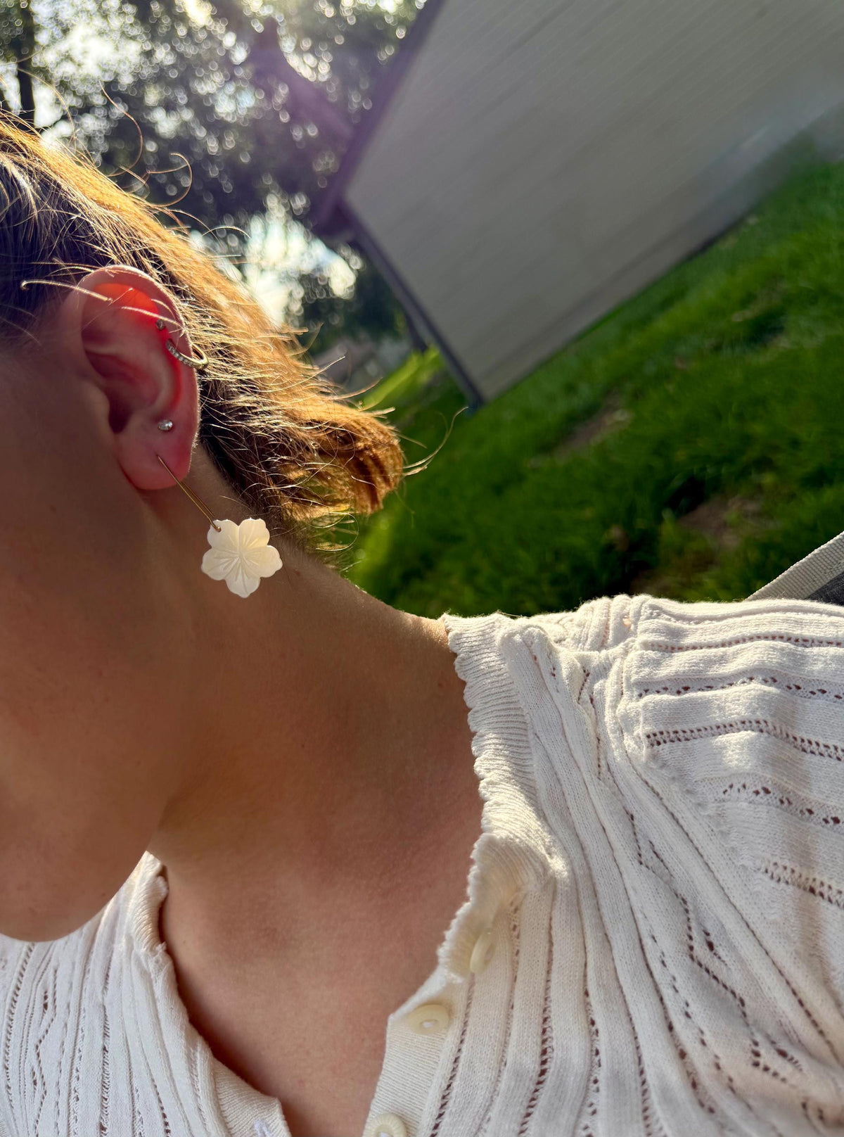 Mother of Pearl Flower Earrings | Carved Shell Charm
