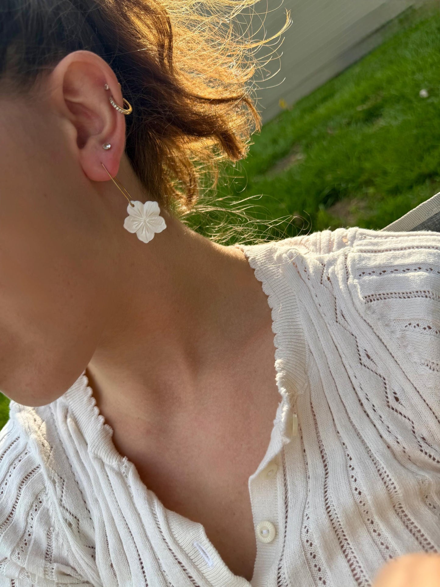 Mother of Pearl Flower Earrings | Carved Shell Charm
