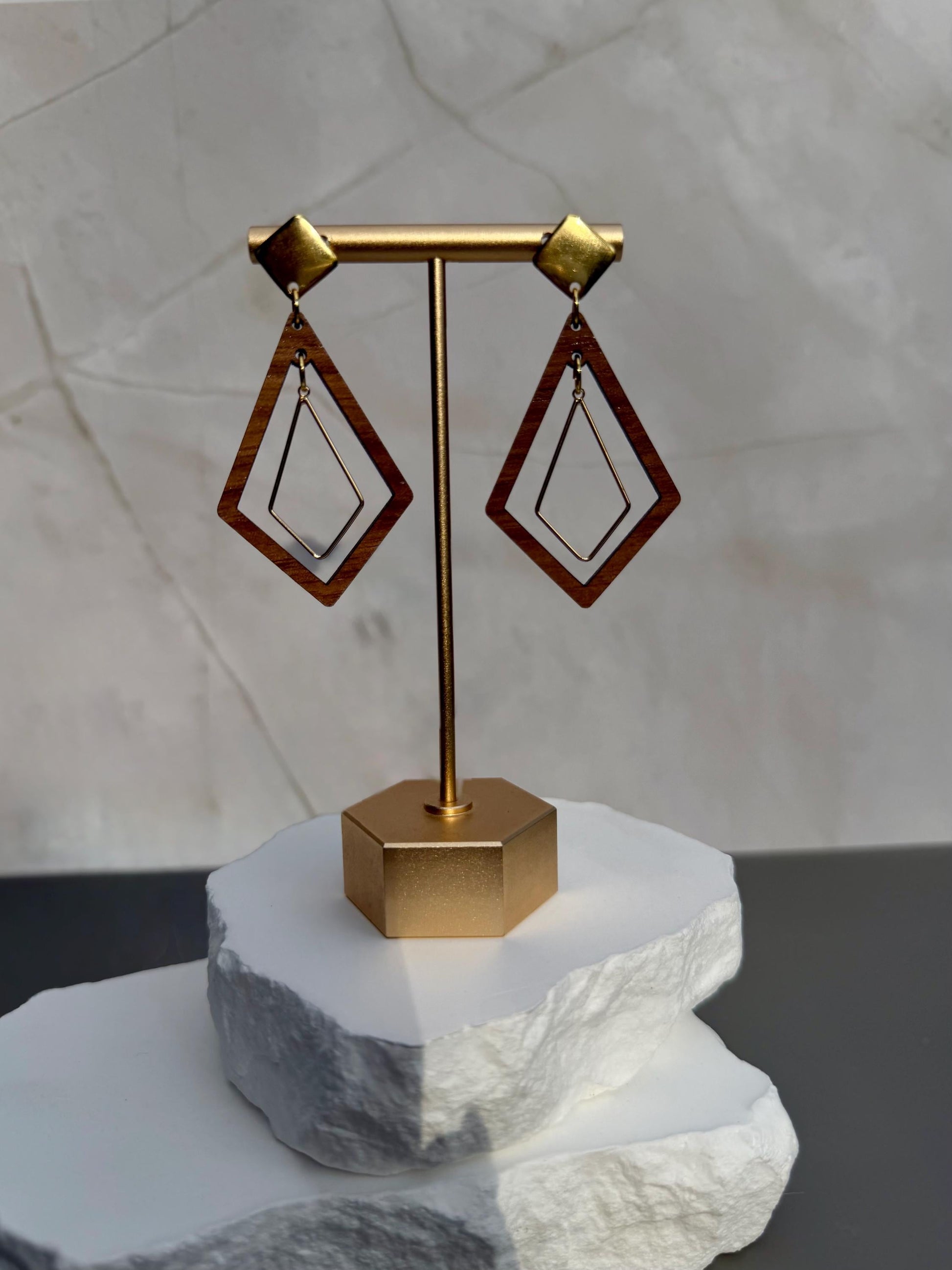 Geometric Wood Drop Earrings | Layered Diamond Cutout