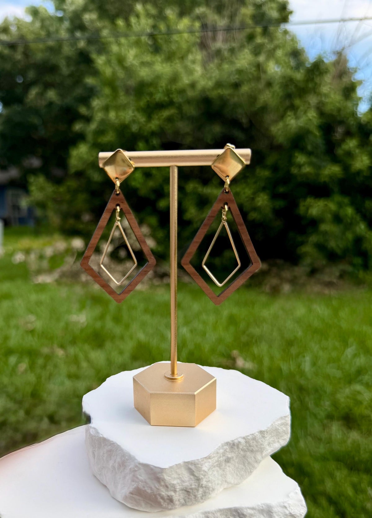Geometric Wood Drop Earrings | Layered Diamond Cutout