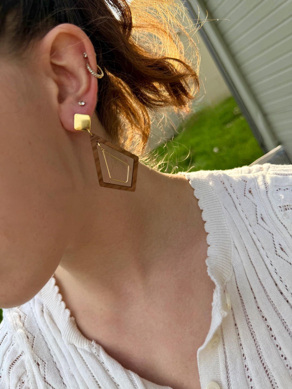 Geometric Wood Drop Earrings | Layered Diamond Cutout