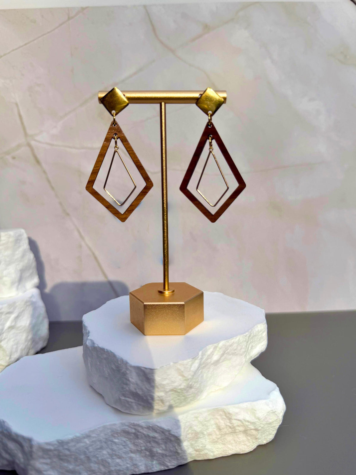 Geometric Wood Drop Earrings | Layered Diamond Cutout