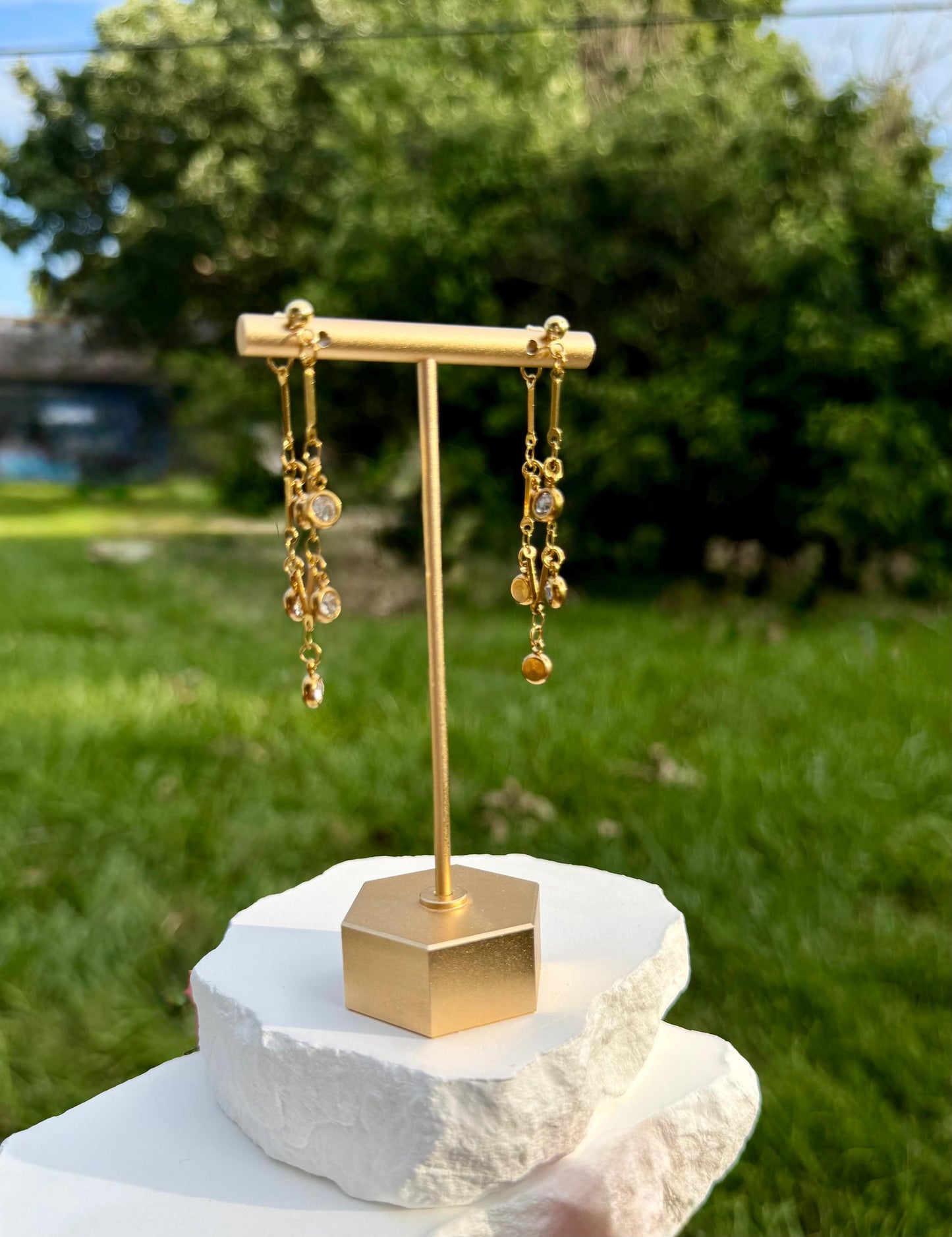 Cascade Crystal Earrings | Stainless Steel Bar & Crystal Drop