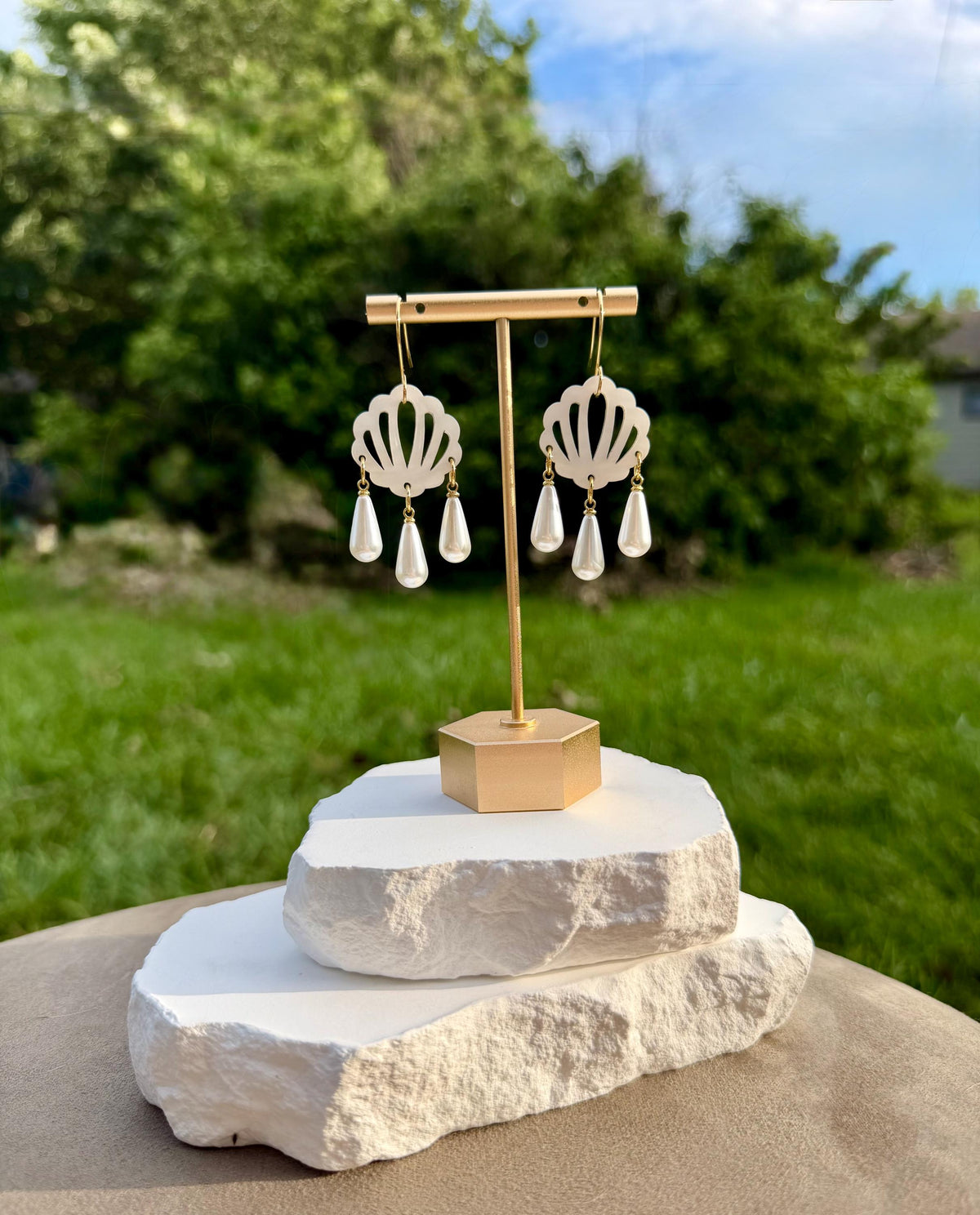 Pearl Shell Chandelier Earrings | Acrylic Shell & Faux Pearl Drop