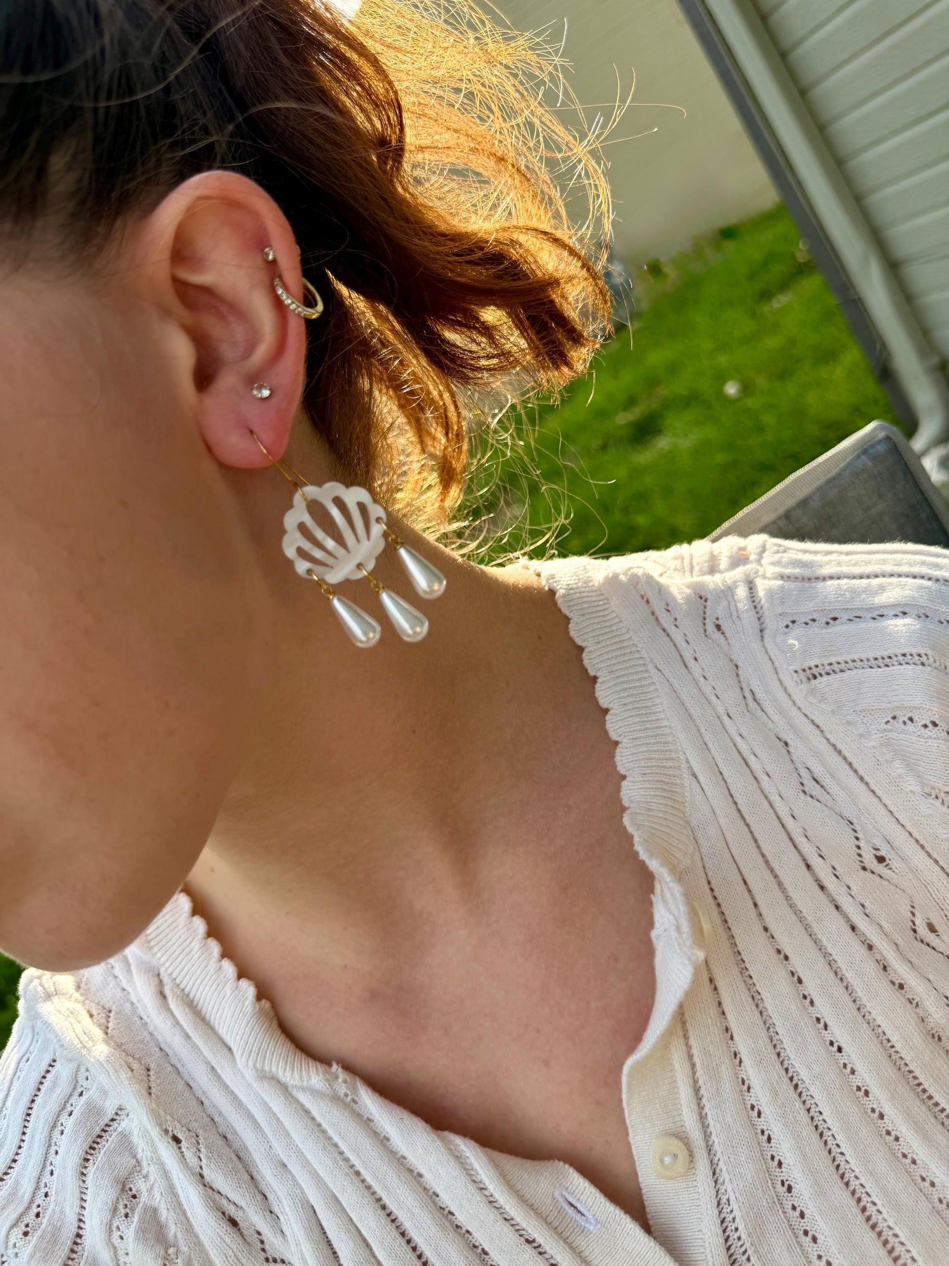 Pearl Shell Chandelier Earrings | Acrylic Shell & Faux Pearl Drop