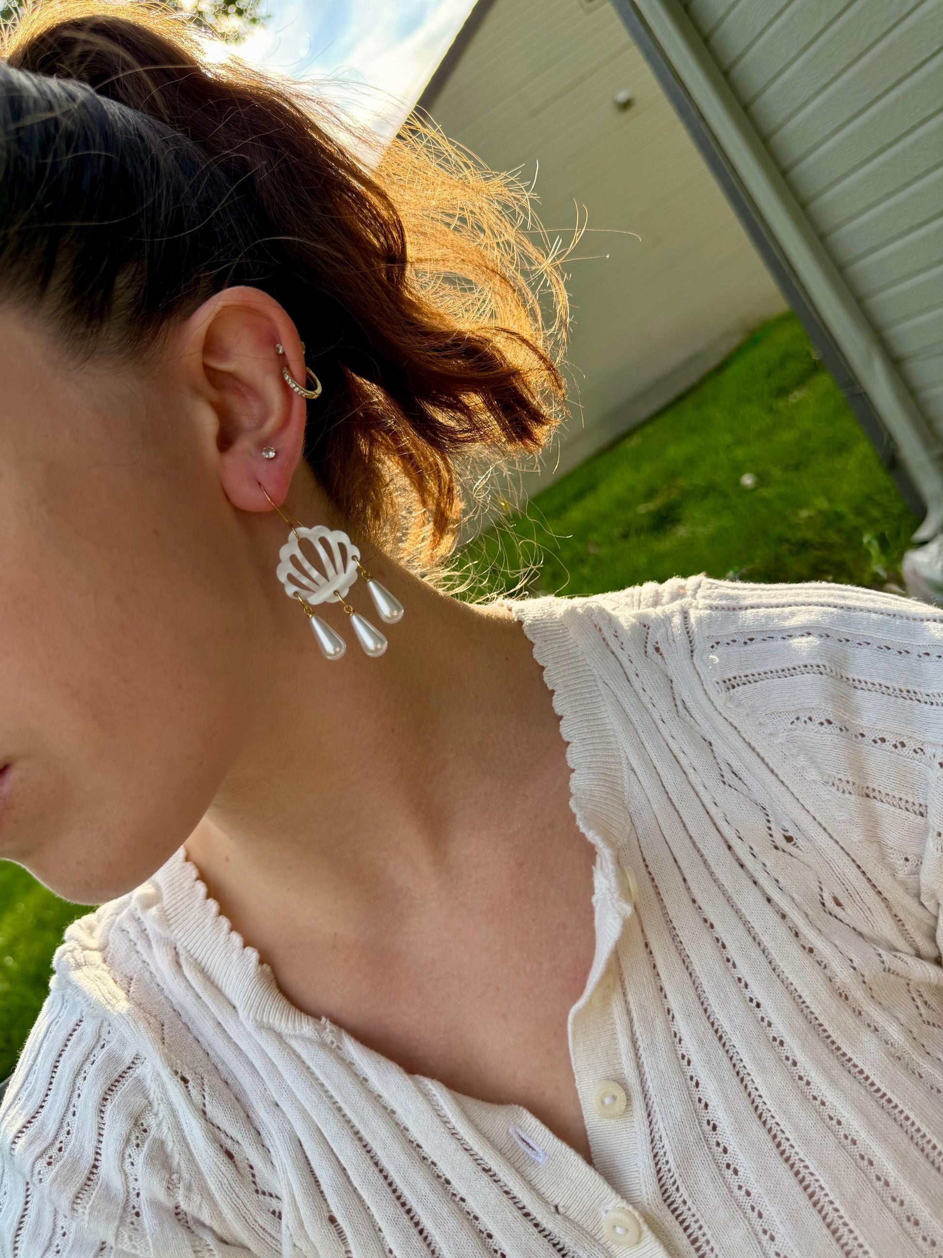 Pearl Shell Chandelier Earrings | Acrylic Shell & Faux Pearl Drop