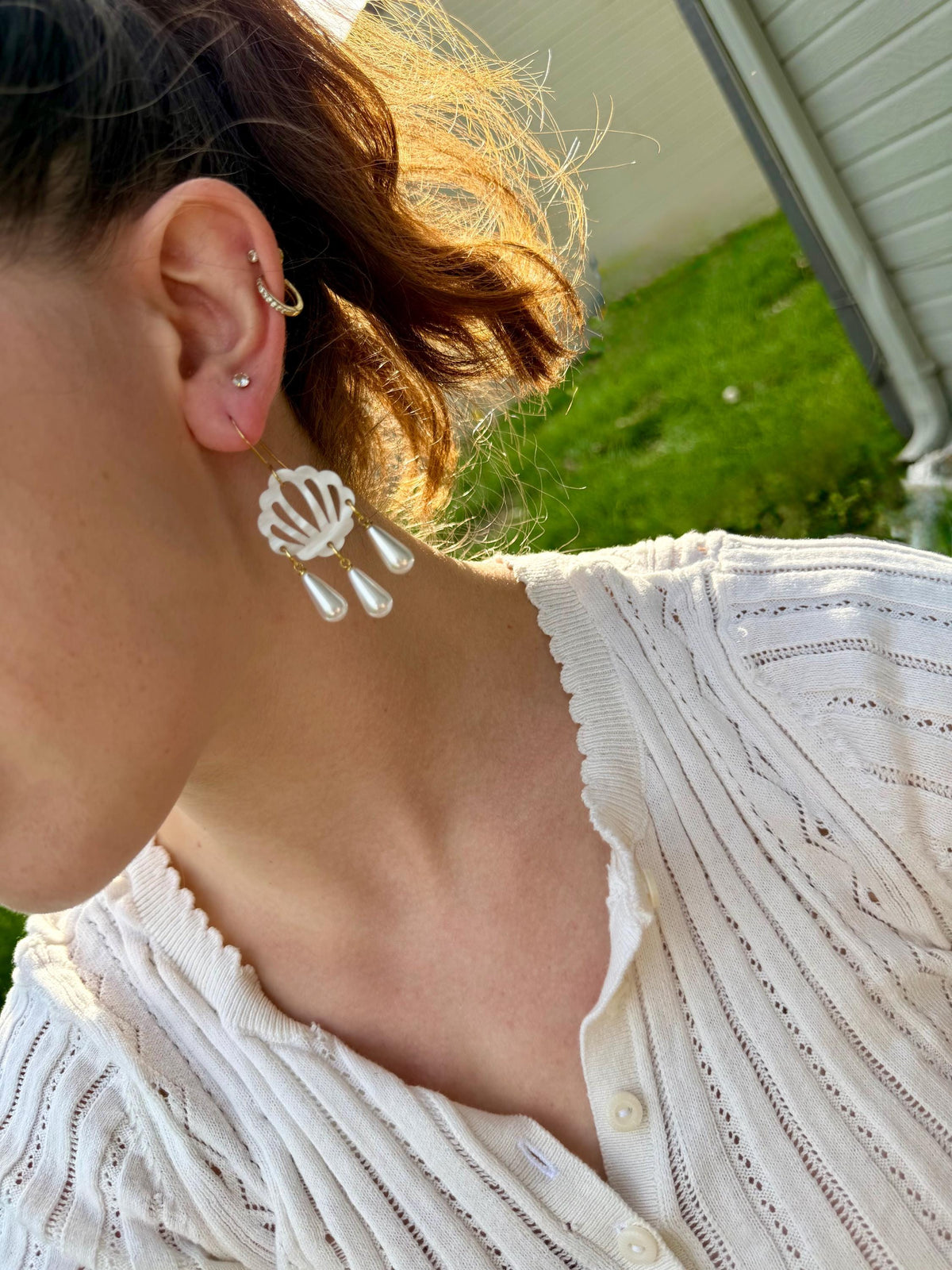 Pearl Shell Chandelier Earrings | Acrylic Shell & Faux Pearl Drop
