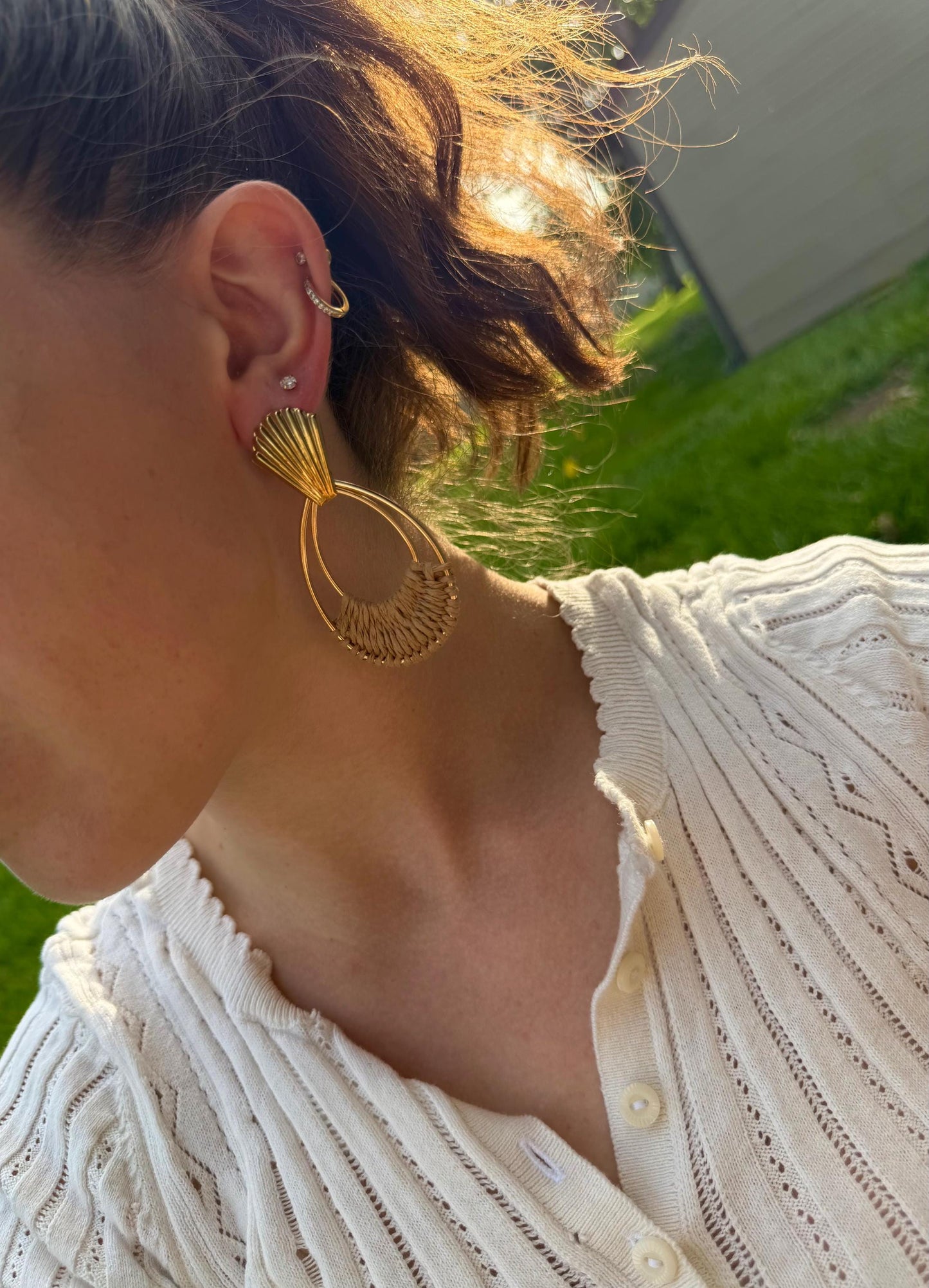 Shell Fan Raffia Earrings | Woven Boho Hoop