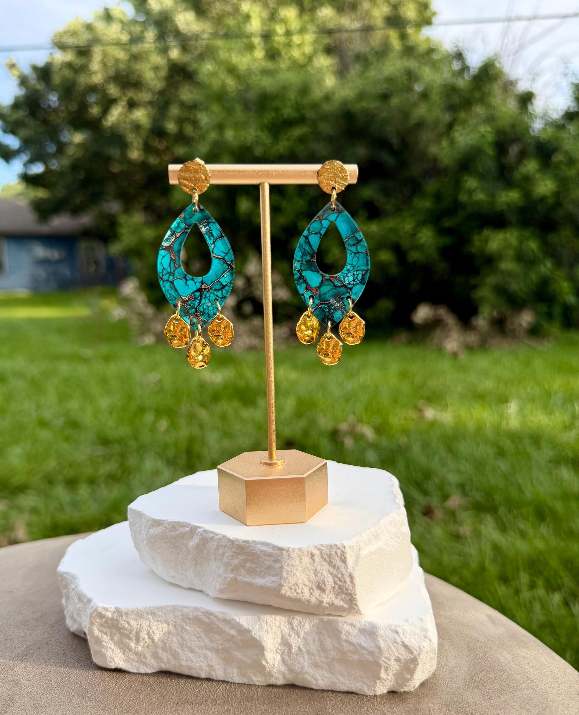 Turquoise Marble Drop Earrings | Gold Coin Dangles