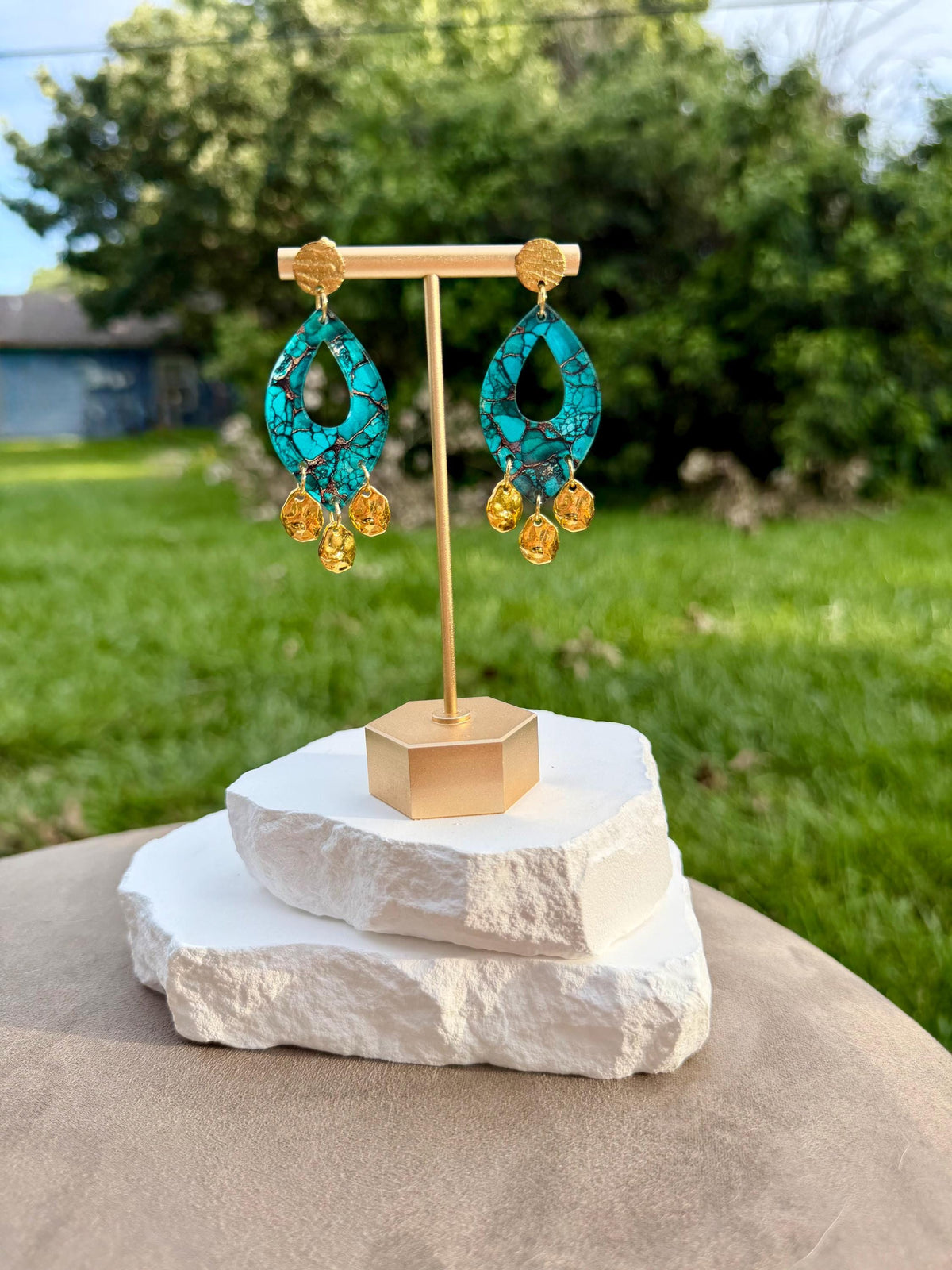 Turquoise Marble Drop Earrings | Gold Coin Dangles