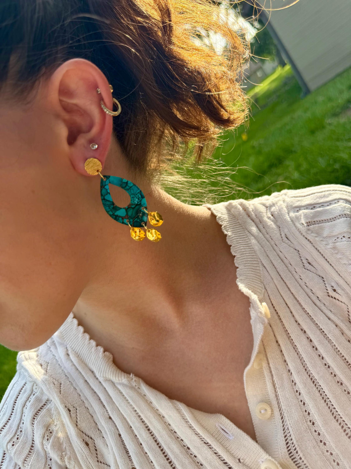 Turquoise Marble Drop Earrings | Gold Coin Dangles