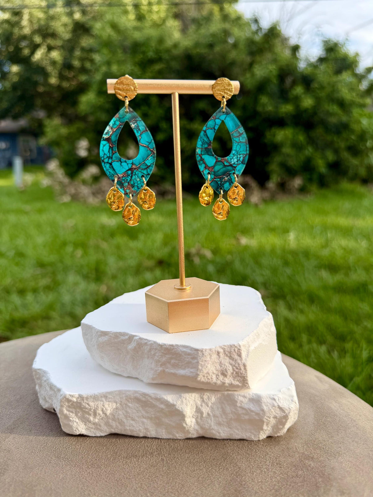 Turquoise Marble Drop Earrings | Gold Coin Dangles