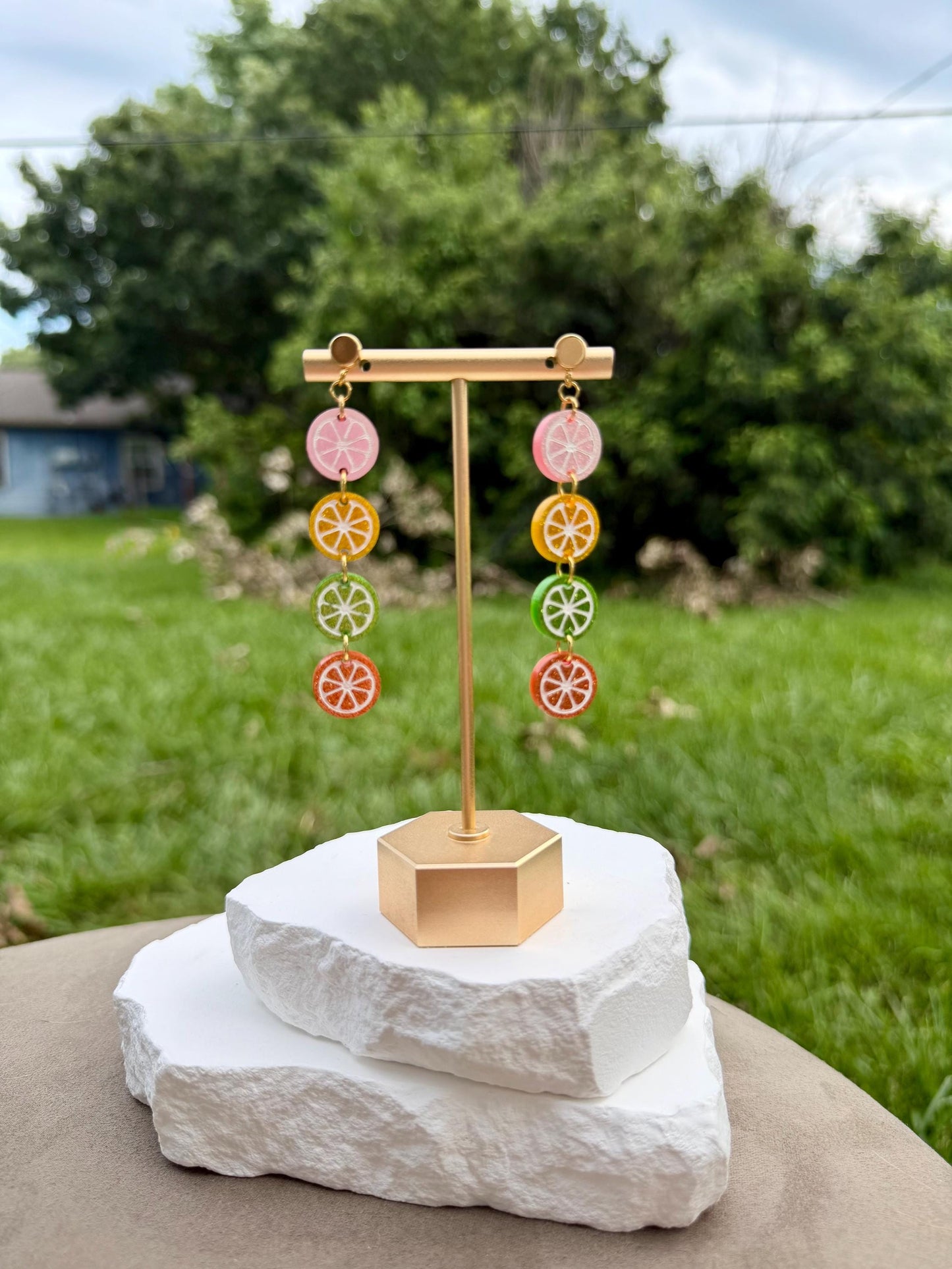Rainbow Citrus Slice Earrings | Hand Painted Glitter Acrylic