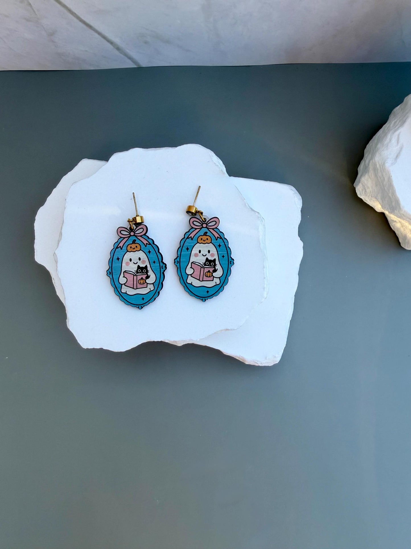 Bookworm Ghostie Earrings | Wooden Halloween Earrings | Ghost Cat Pumpkin Jewelry
