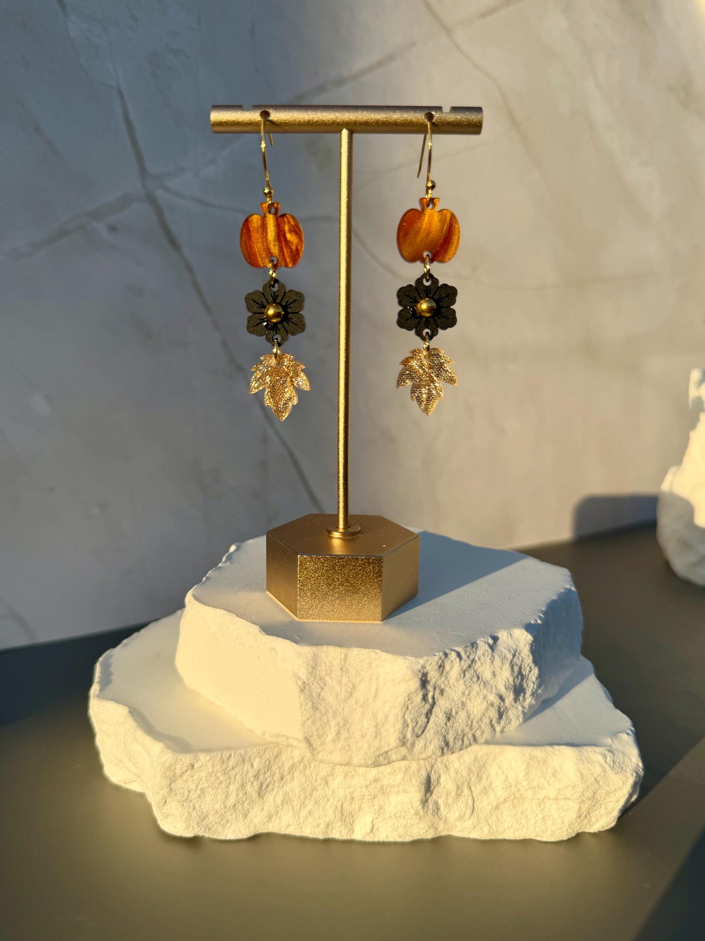 Golden Harvest Drops | Pumpkin Flower Leaf Dangle Earrings | Fall Gold Boho Jewelry