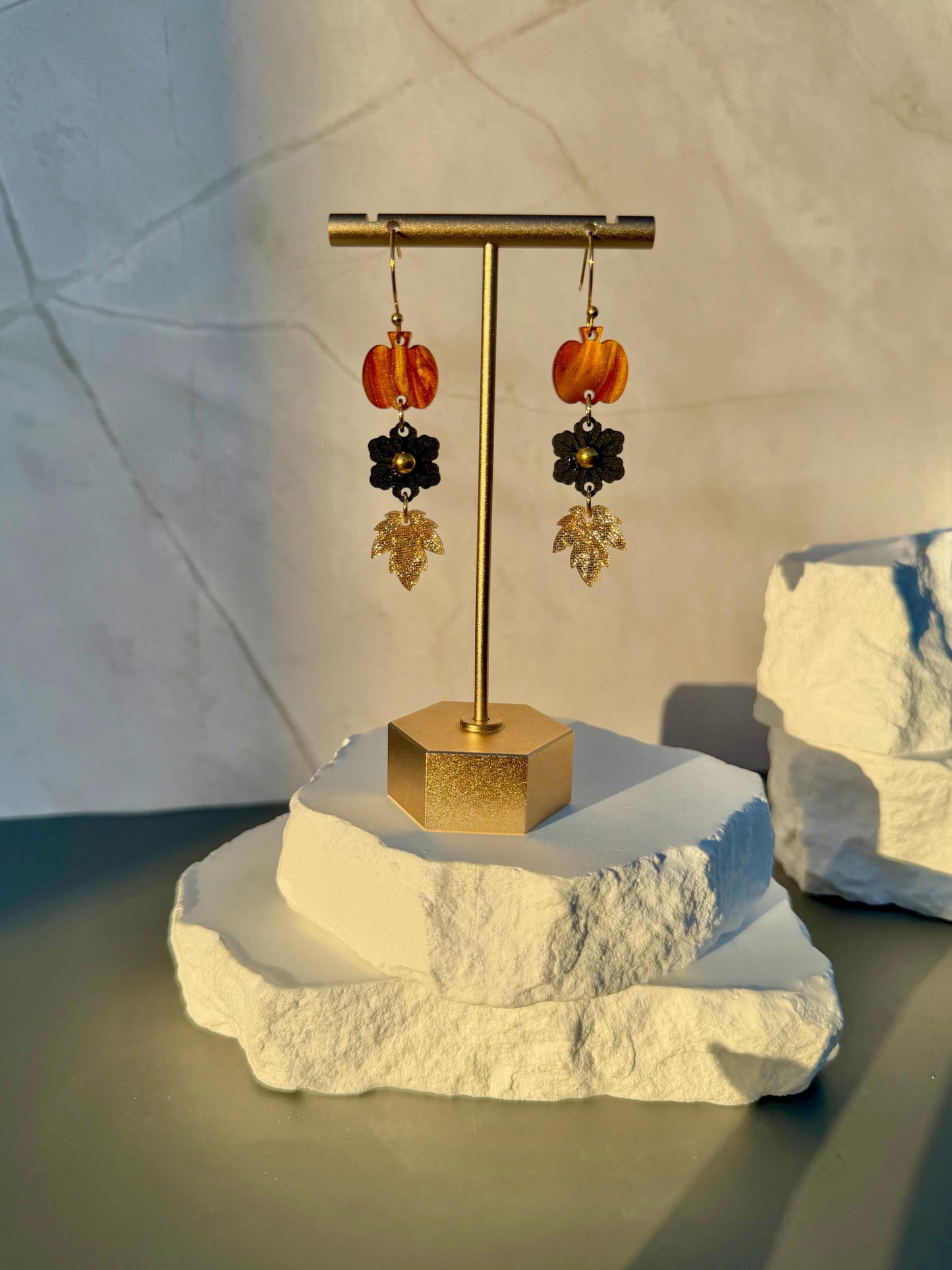 Golden Harvest Drops | Pumpkin Flower Leaf Dangle Earrings | Fall Gold Boho Jewelry