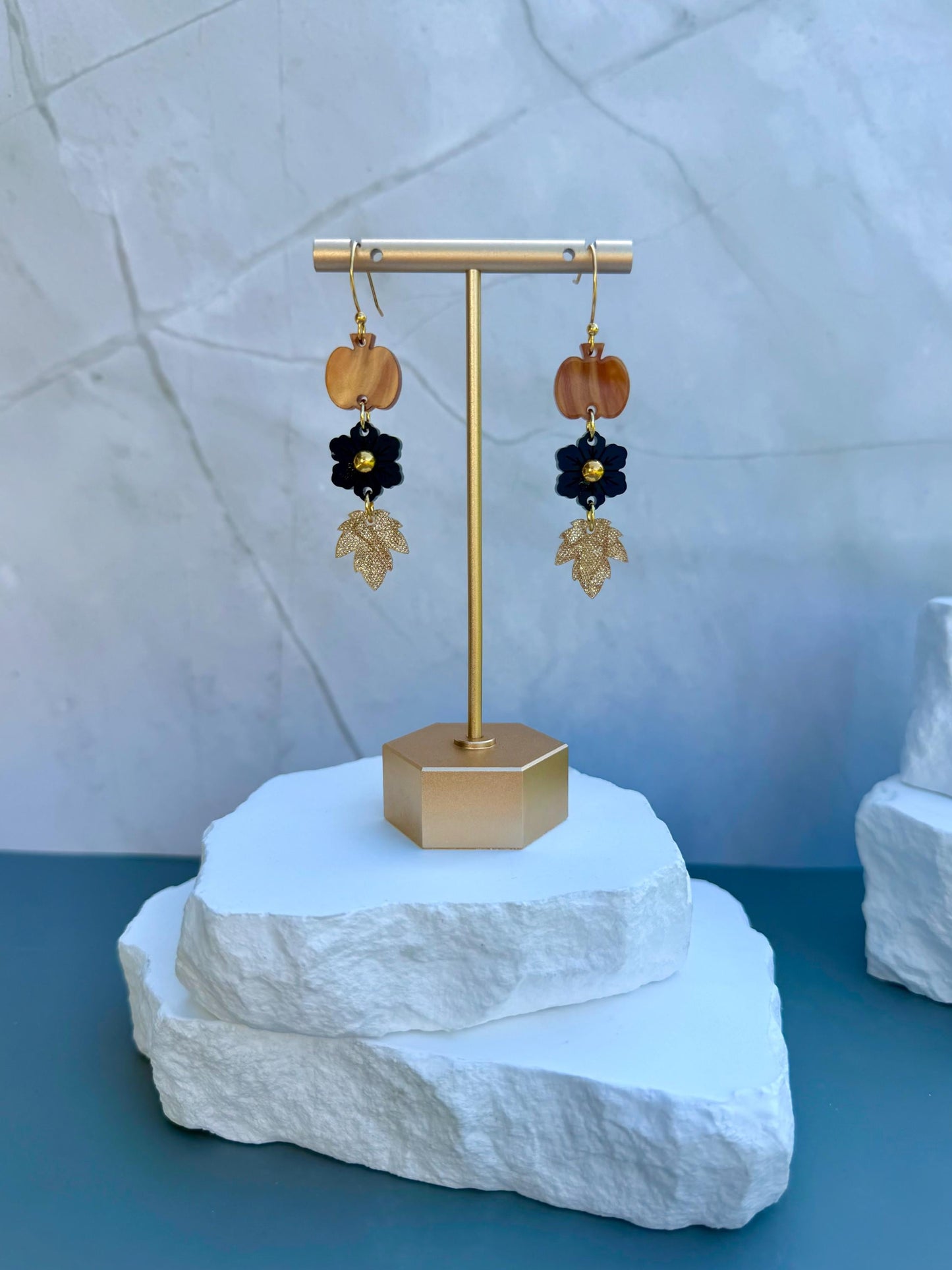 Golden Harvest Drops | Pumpkin Flower Leaf Dangle Earrings | Fall Gold Boho Jewelry
