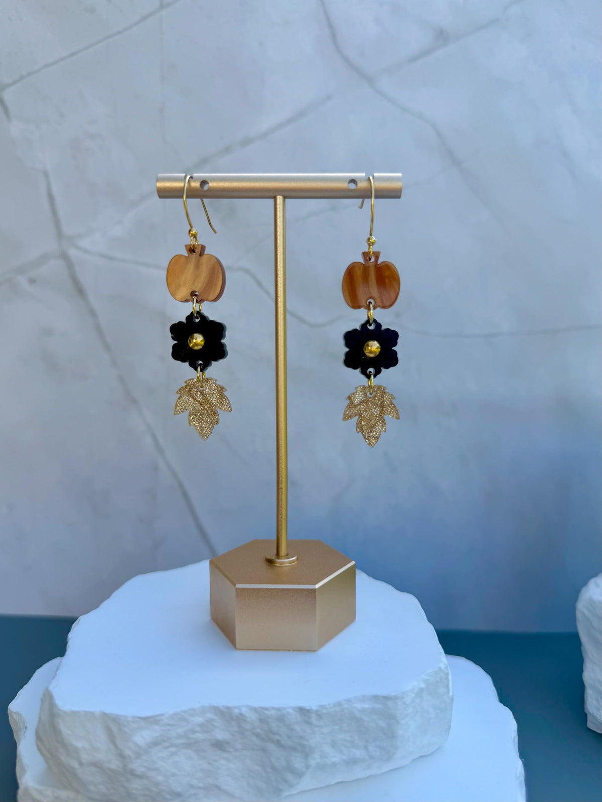 Golden Harvest Drops | Pumpkin Flower Leaf Dangle Earrings | Fall Gold Boho Jewelry