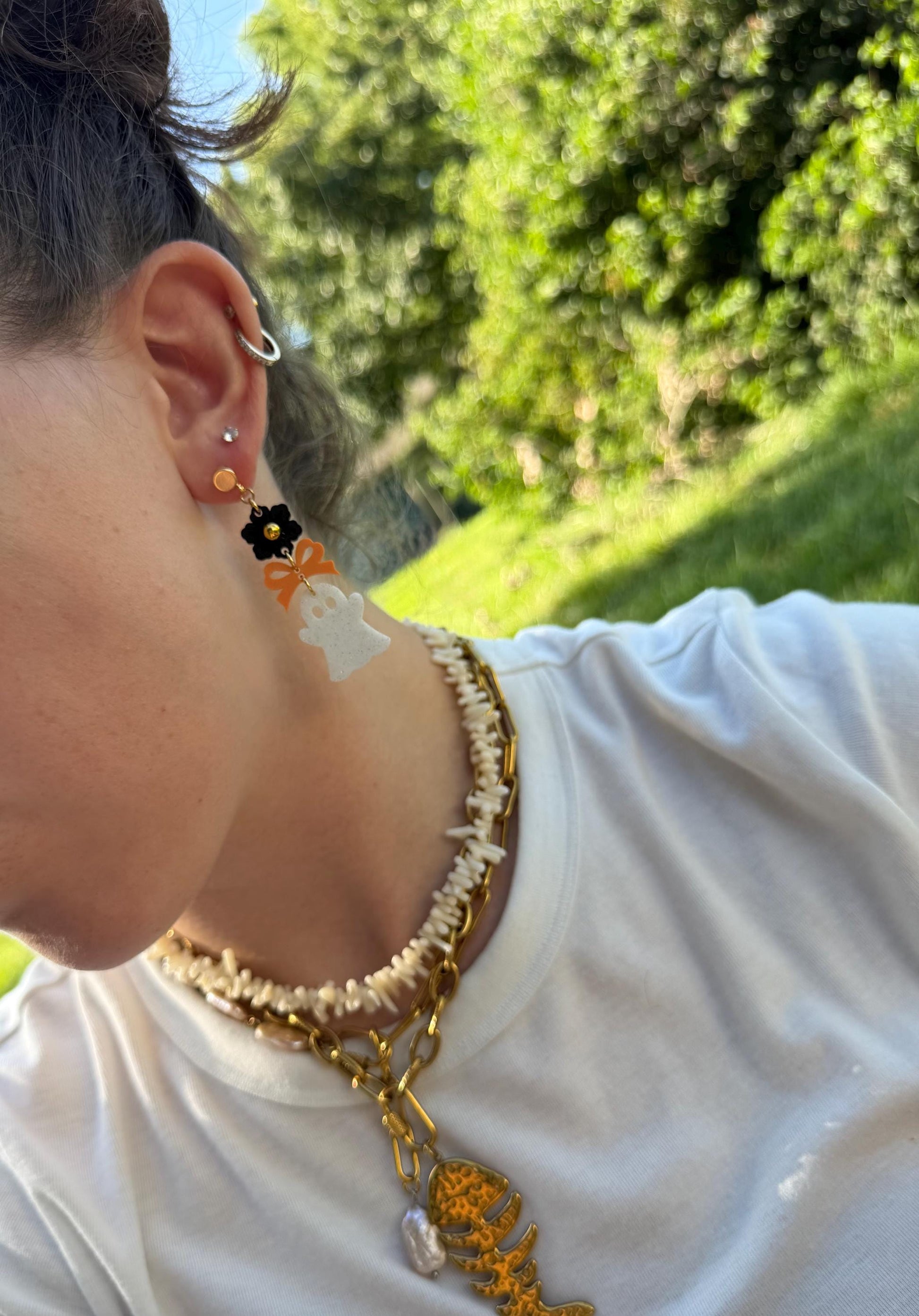 Boo-tiful Ghost Drops | Halloween Flower Bow Earrings | Speckled Acrylic Spooky Jewelry