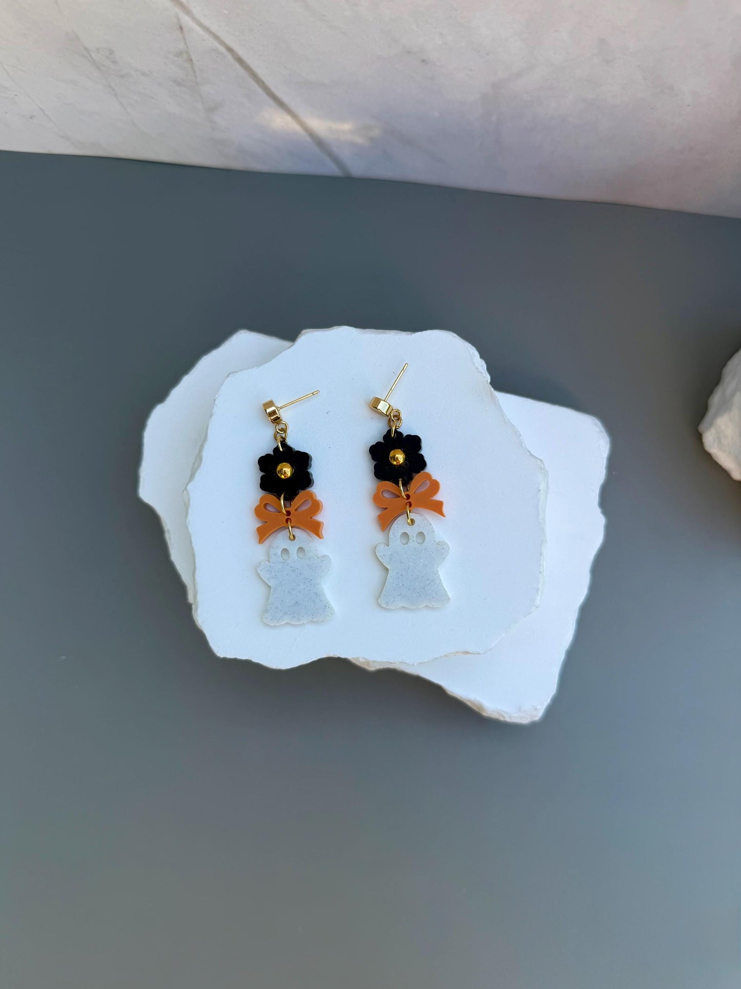 Boo-tiful Ghost Drops | Halloween Flower Bow Earrings | Speckled Acrylic Spooky Jewelry
